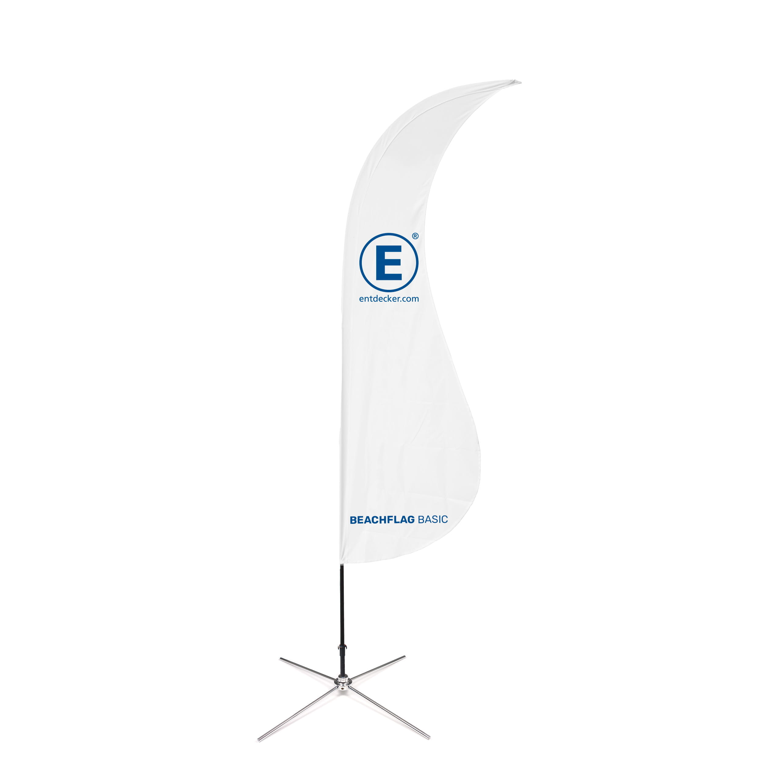 Beachflag Basic Straight Beachflag Basic Straight von ENTDECKER, weiß mit blauem Logo und Schriftzug, auf einem stabilen Standfuß.