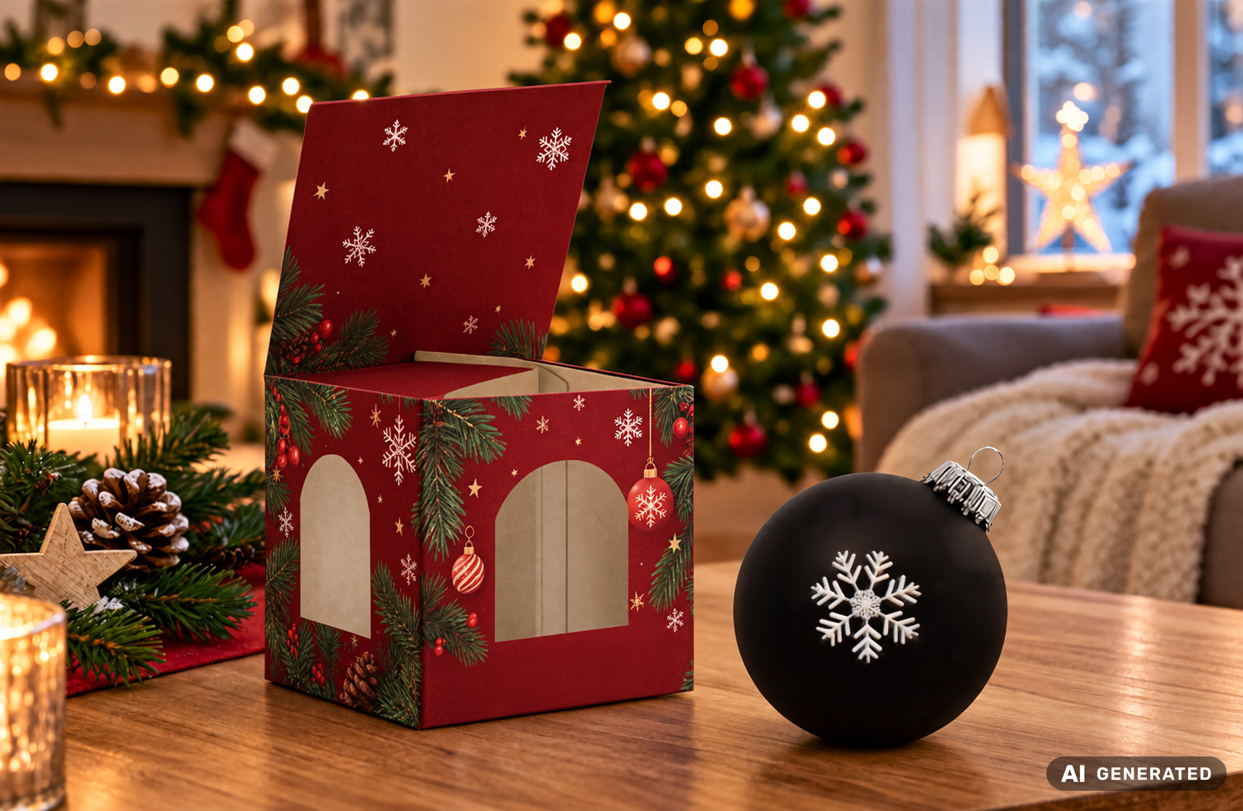 Bedruckte Box für Weihnachtskugeln mit rotem Weihnachtsmotiv steht geöffnet auf einem Holztisch neben einer schwarzen Weihnachtskugel.
