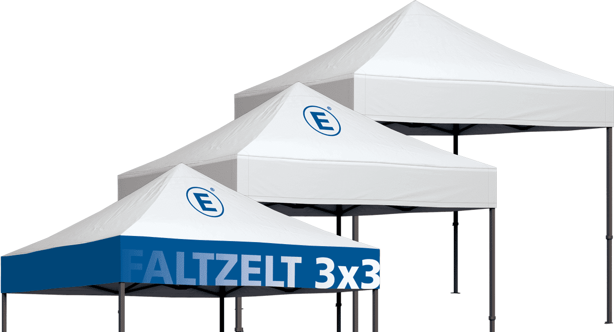 Faltzelt Druckbereiche Drei Faltzelte in verschiedenen Designs: ein Zelt mit blauem Druck 'FALTZELT 3x3', ein schlichtes weißes Zelt und ein weiteres weißes Zelt mit dem Logo 'E'.