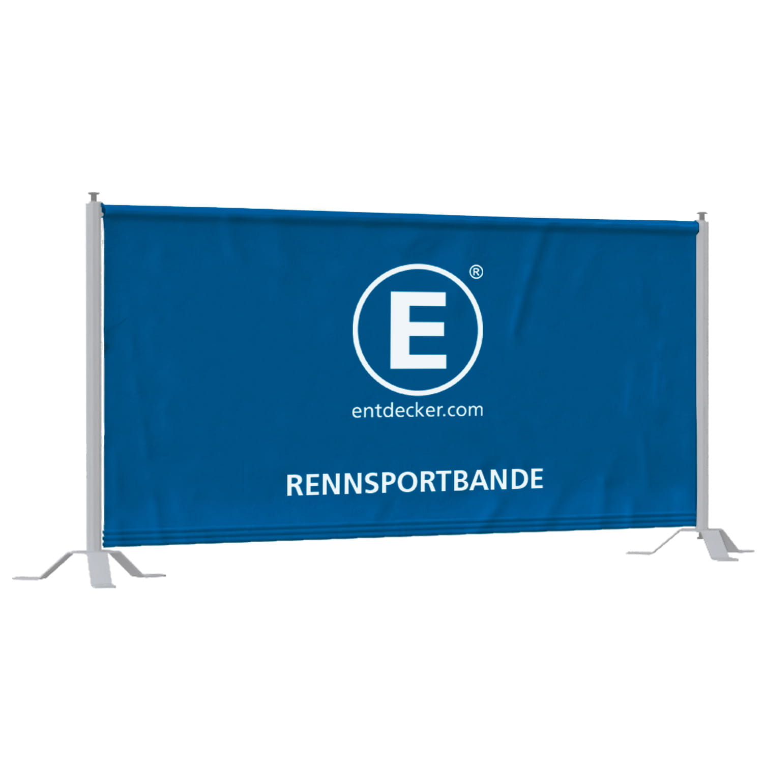 Rennsportbande Polyester Banner Blaues Polyesterbanner mit dem Text RENNSPORTBANDE und dem Logo von ENTDECKER.