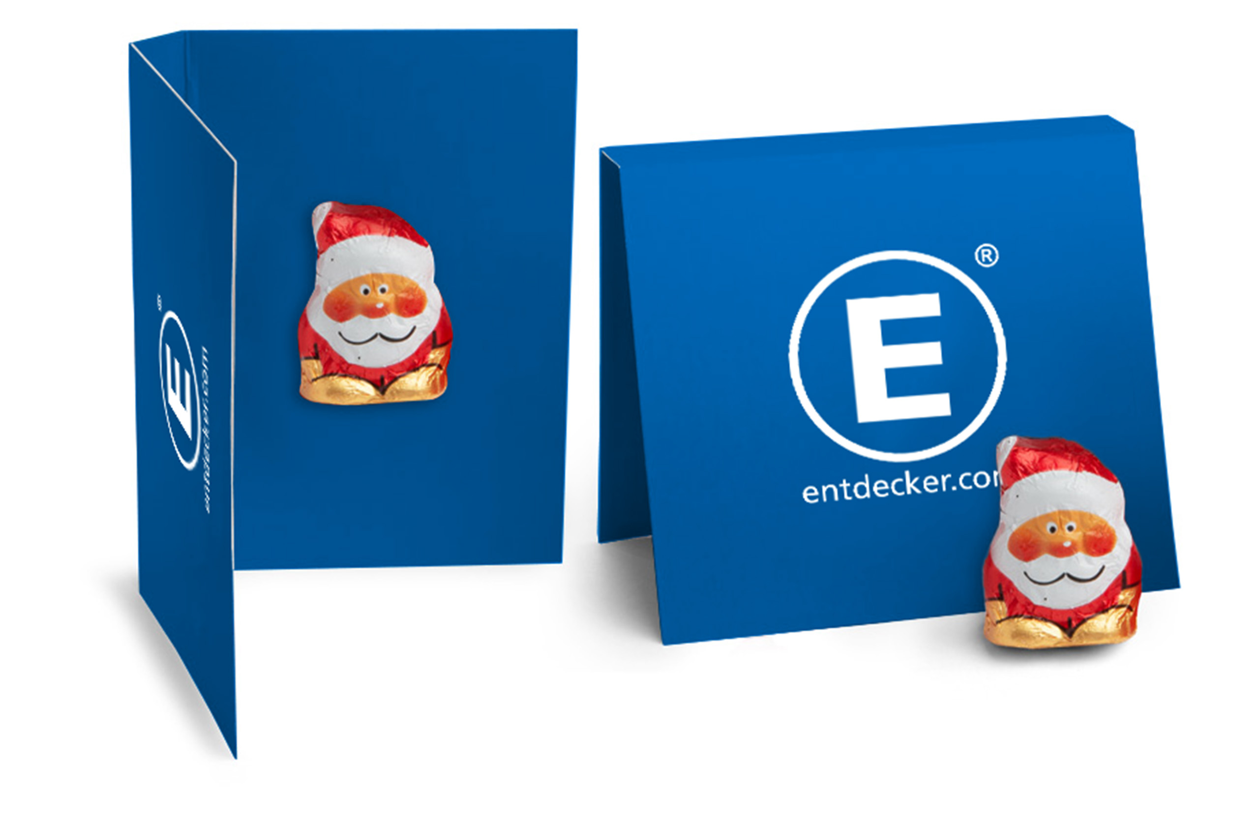 Zwei bedruckte Klappkarten gefüllt mit einem kleinen Schokoladen Weihnachtsmann.