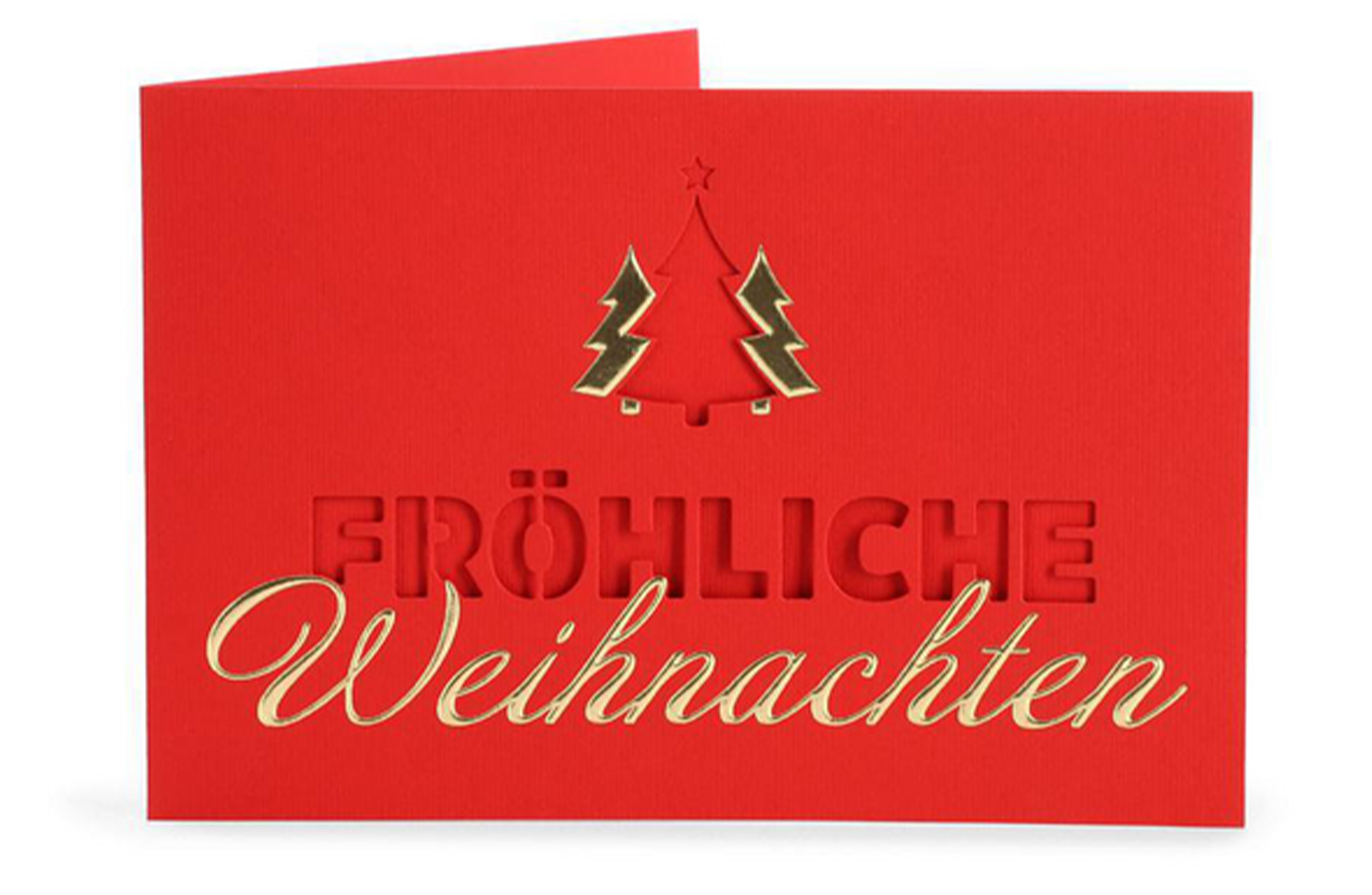 Rote Weihnachtskarte mit drei Tannenbäumen, dem mittleren davon ausgestanzt, und dem Text: Fröhliche Weihnachten, hier ist das Wort Fröhliche ausgestanzt und das Wort Weihnachten mit Goldfolie veredelt, mit rotem Inlay