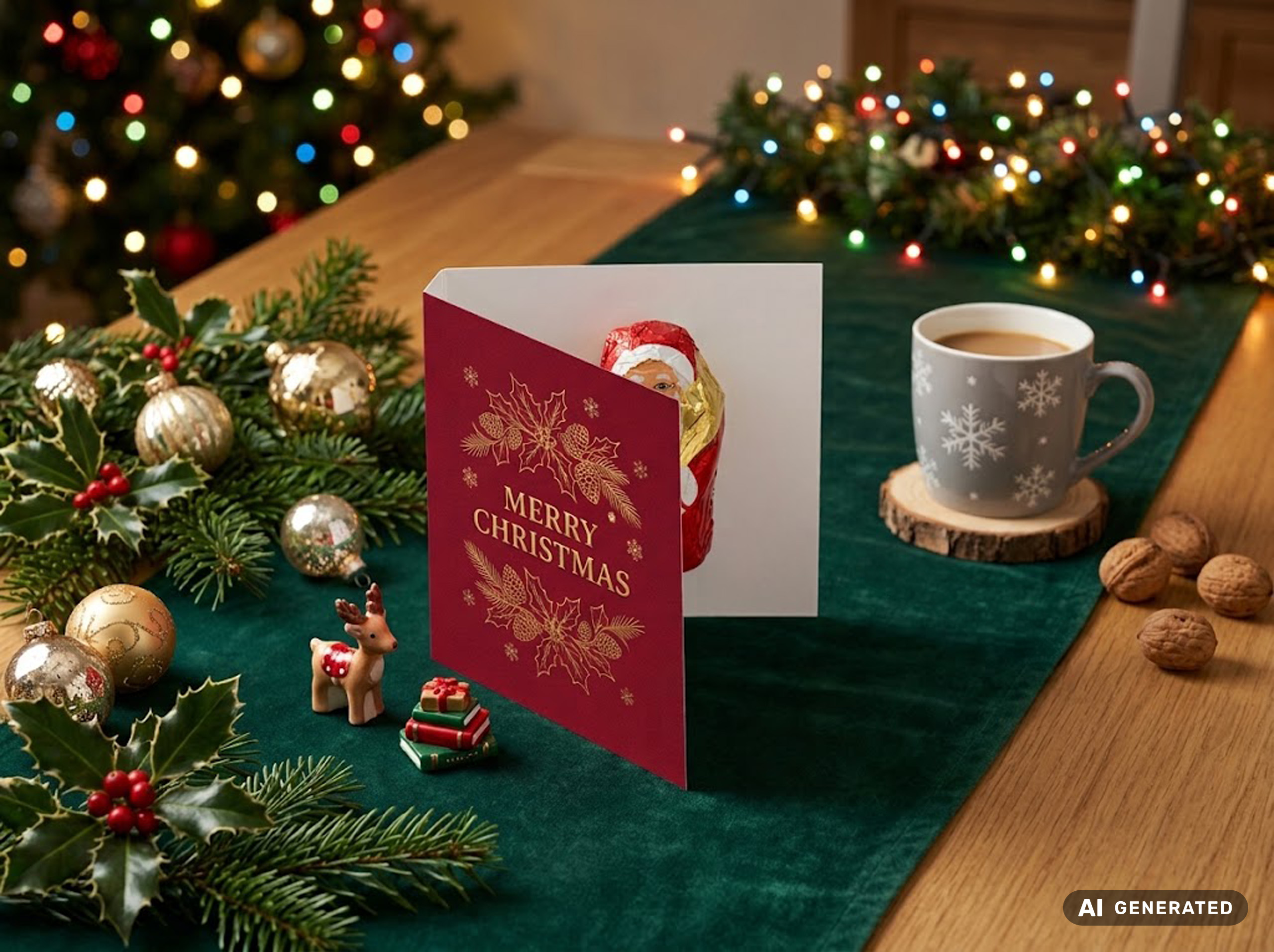 Rote weihnachtliche Klappkarte mit goldfarbenem „Merry Christmas“-Schriftzug und einem Schokoladen-Weihnachtsmann, umgeben von Tannenzweigen und Weihnachtsdekoration.