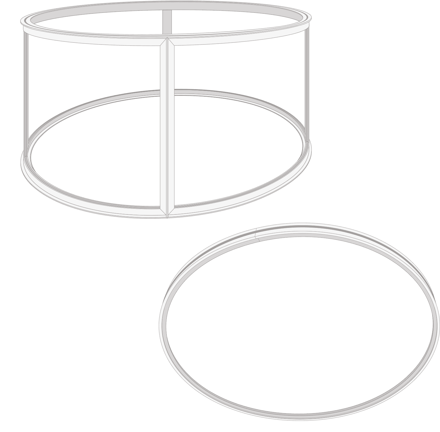 Easyframe Cylindrical Cylindrical Deckenhänger aus dem Produkt Easyframe von ENTDECKER, bestehend aus einem weißen, runden Rahmen mit vertikalen Stützen.