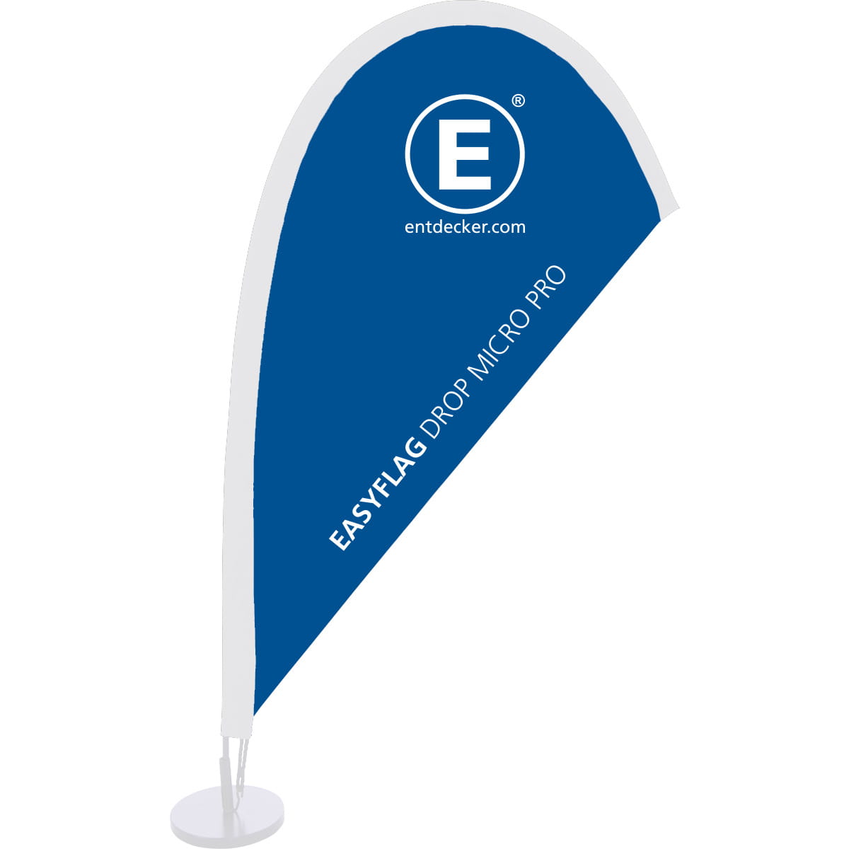 Tischaufsteller Beachflag Easyflag Micro in Blau mit schwarzem Rand, auf einem runden Sockel.