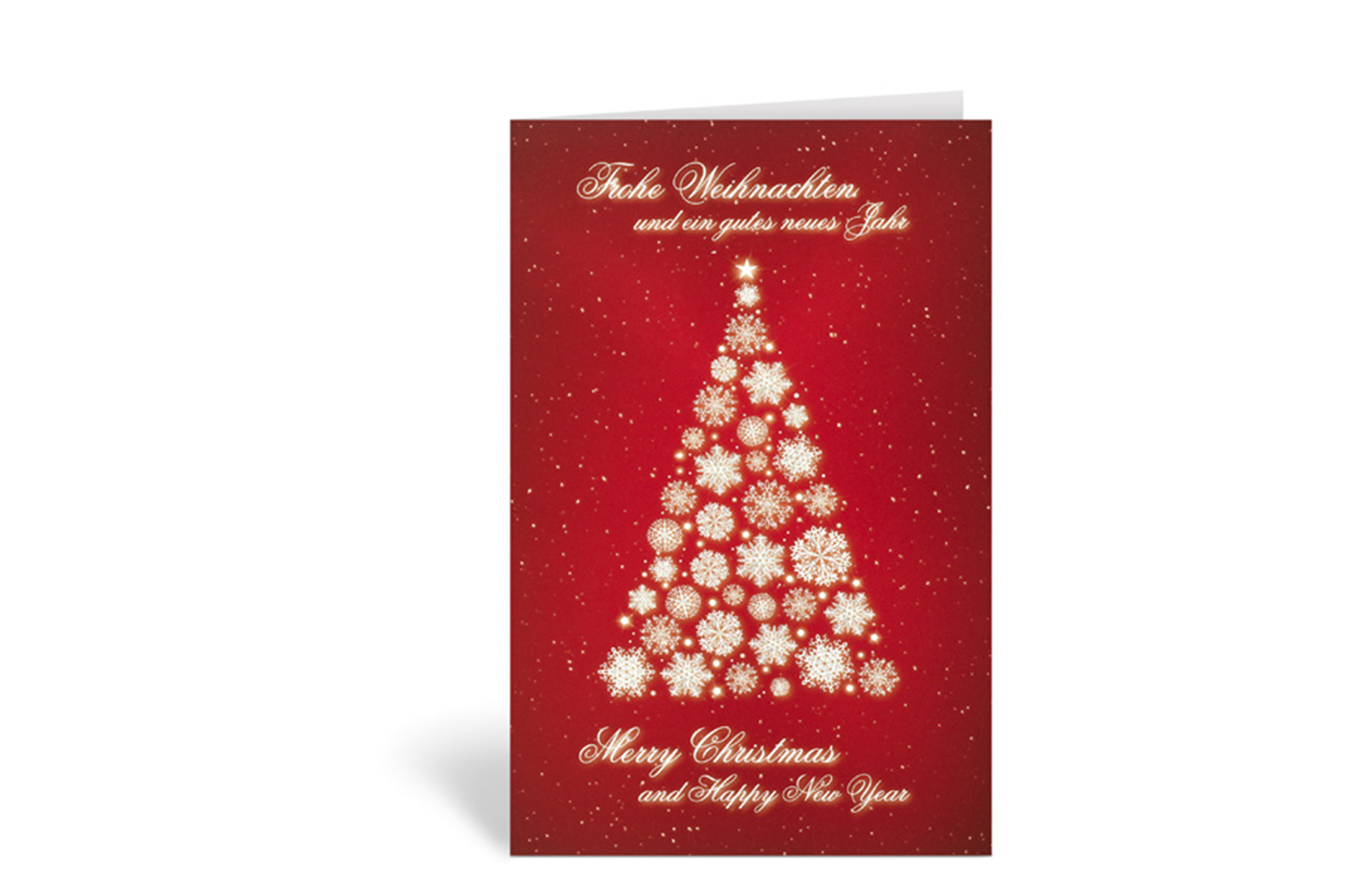 Rote Weihnachtskarte mit einem Tannenbaum aus hellen Schneeflocken und den Texten: Frohe Weihnachten und ein gutes neues Jahr, sowie: Merry Christmas and a Happy New Year
