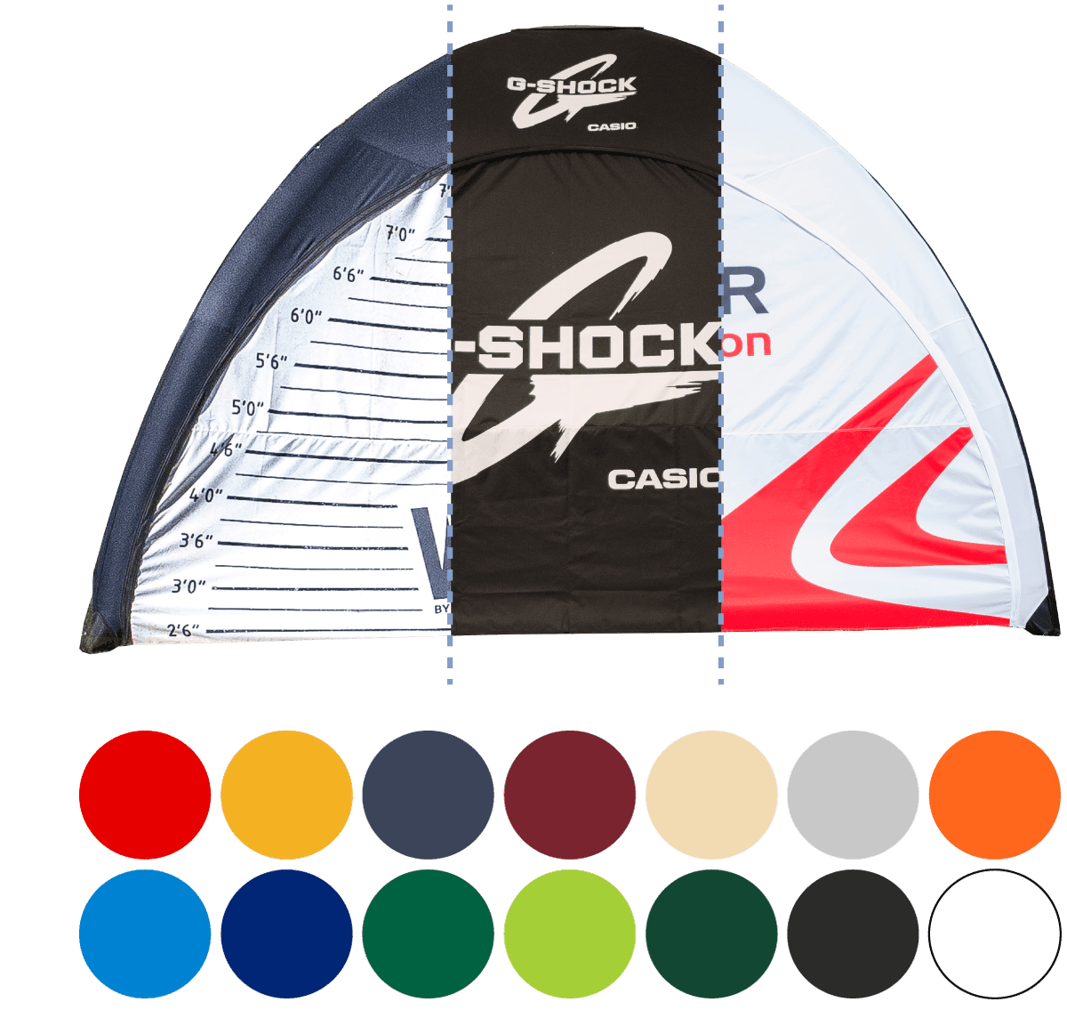 Vento Aufblasbares Zelt Druck Aufblasbares Zelt 'Vento' von ENTDECKER mit Druckdesign, zeigt Maßeinheiten und verschiedene Farboptionen.