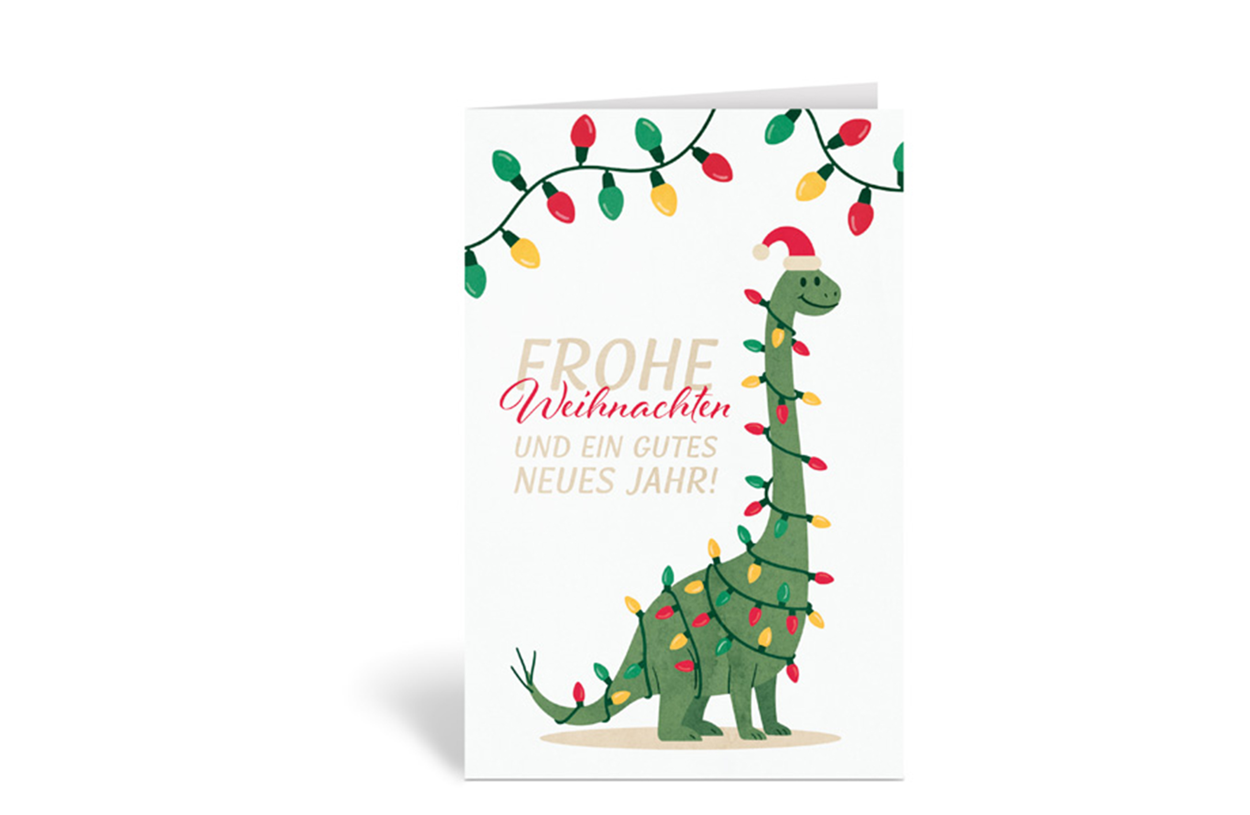 Weihnachtskarte mit einem Dinosaurier, der eine Lichterkette umhängen hat und dem Text: Frohe Weihnachten und ein gutes neues Jahr
