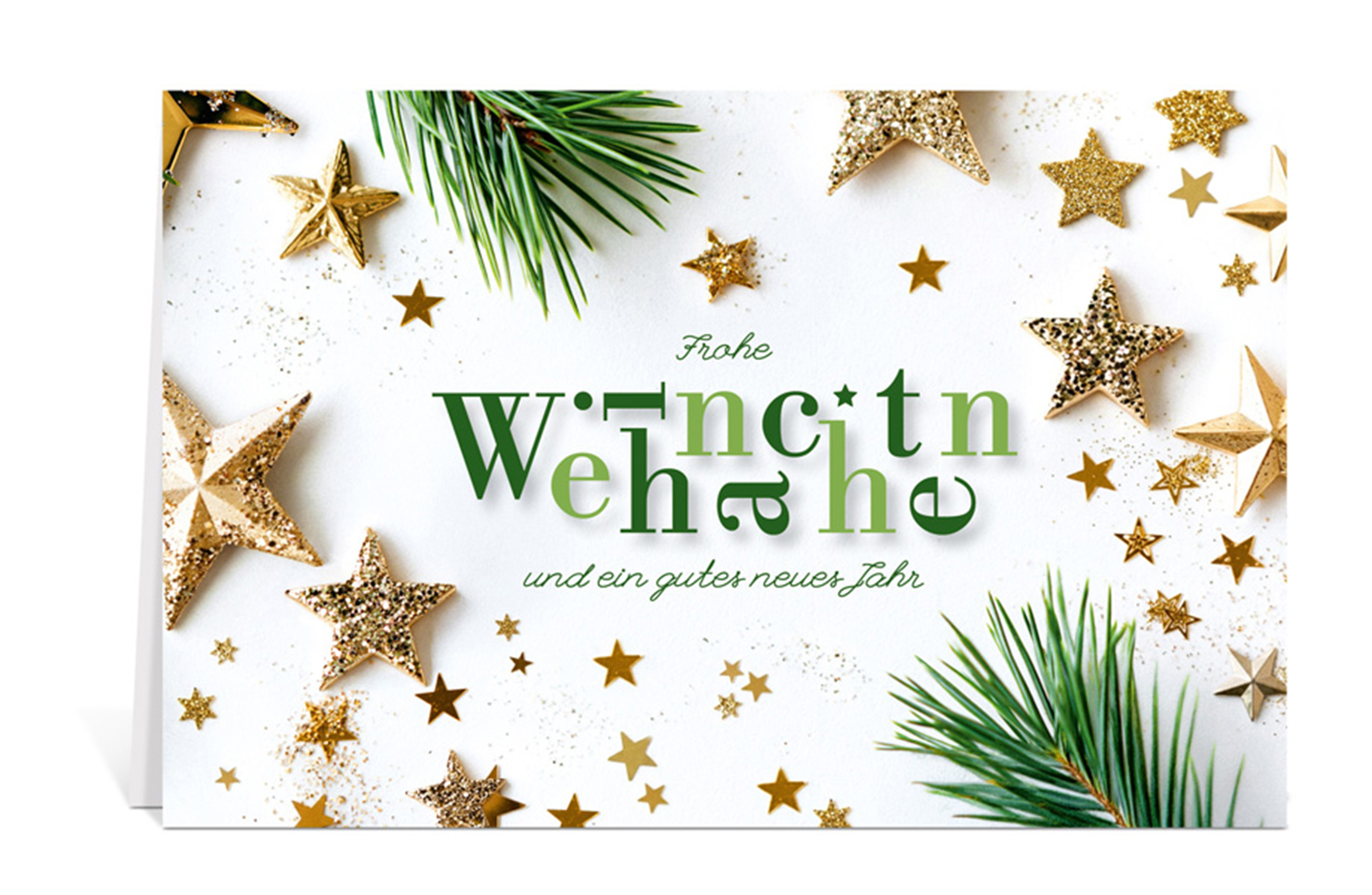 Weiße Weihnachtskarte mit goldenen Sternen und grünen Tannenzweigen, mit dem Text: Frohe Weihnachten und ein gutes neues Jahr