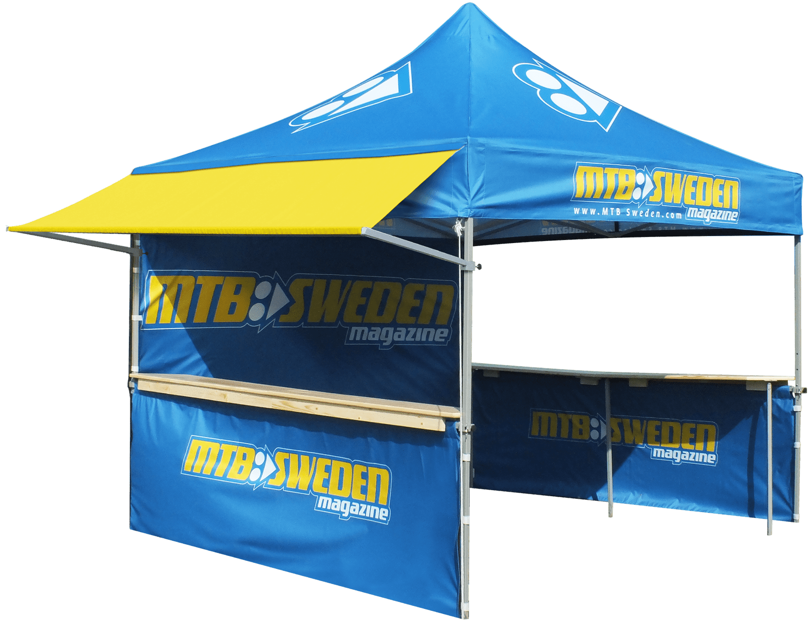 Faltzelt Mt Premium 3x3 Theke Vordach Mtb Sweden Faltzelt Mt Premium 3x3 in Blau mit gelbem Vordach, bedruckt mit 'MTB SWEDEN Magazine' auf den Seiten.