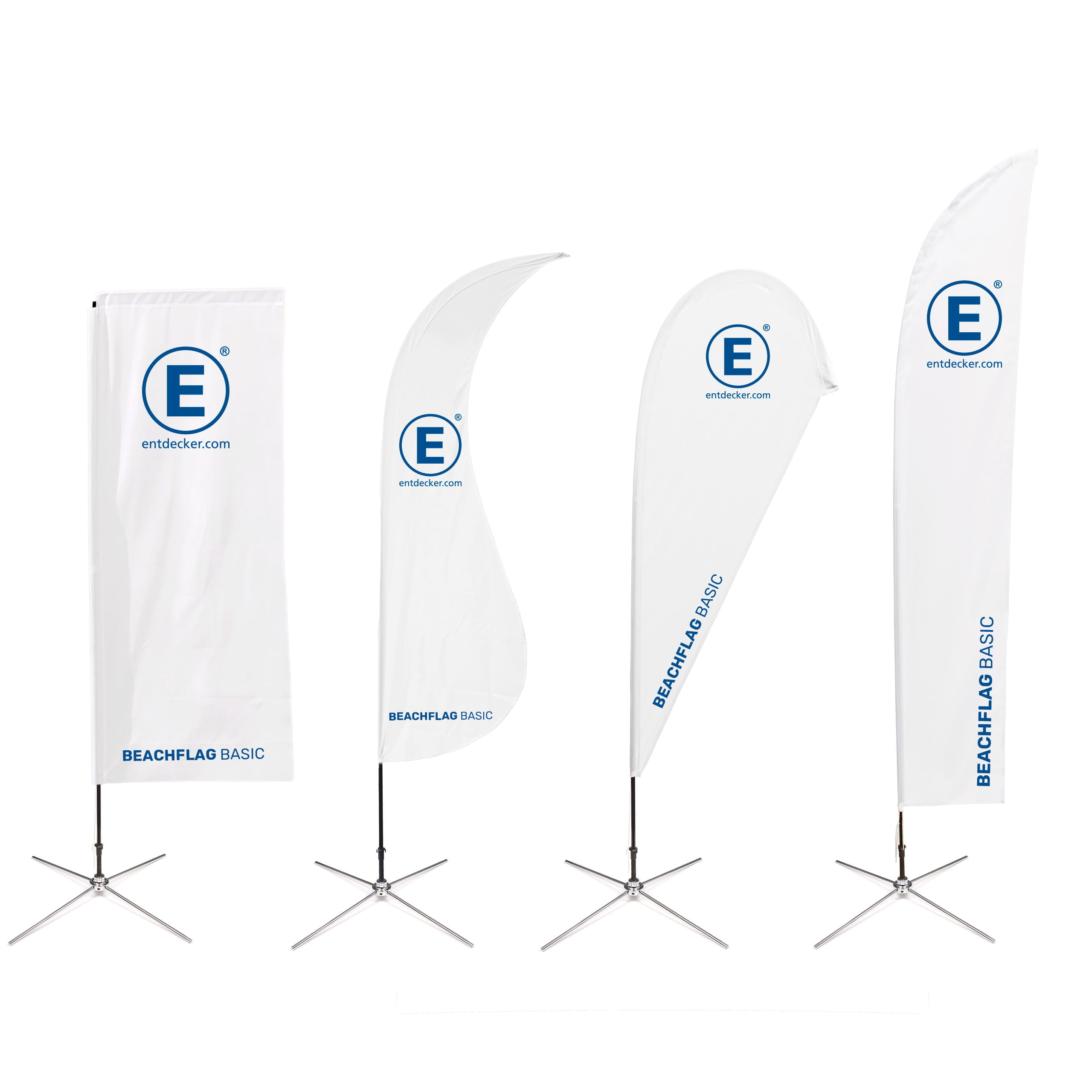 Beachflag Basic Drop Beachflag Basic Drop von ENTDECKER, weiß mit blauem Logo und Schriftzug, auf einem stabilen Standfuß.