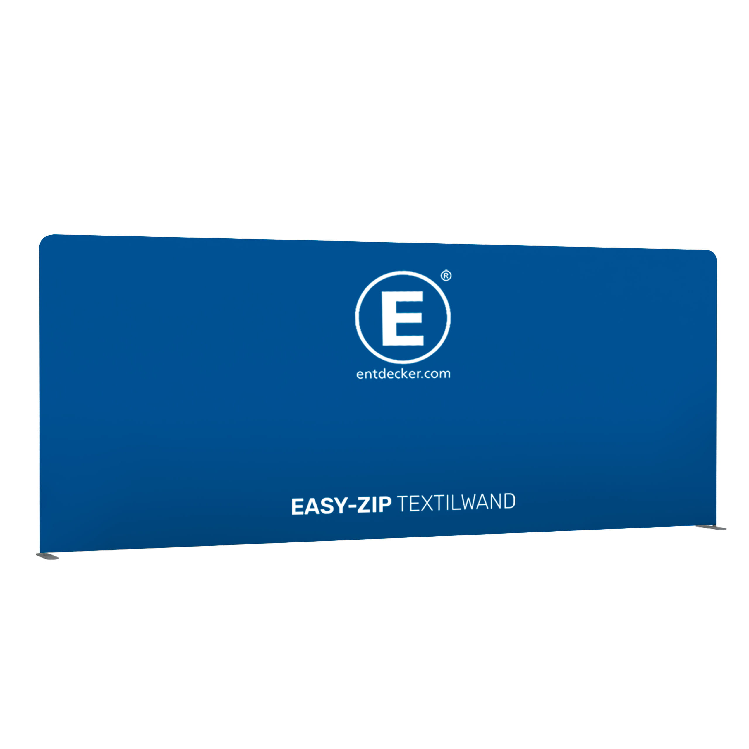 Easy Zip Textilwand 600 doppelseitiger Druck Doppelseitige Textilwand Easy Zip von ENTDECKER in Blau mit Logo und Schriftzug.