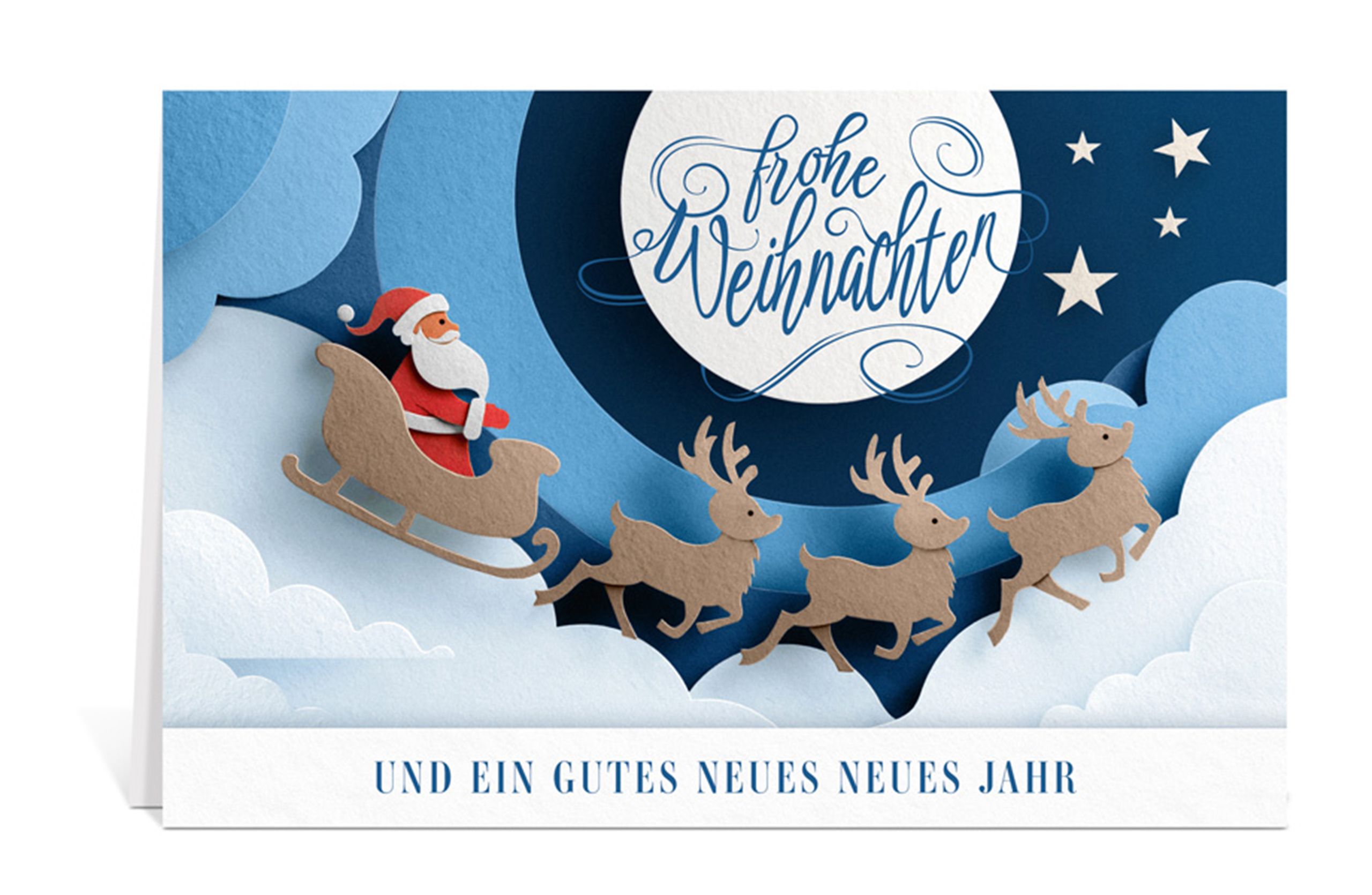 Weihnachtskarte mit einem Weihnachtsschlitten und dem Text: Frohe Weihnachten und ein gutes neues Jahr