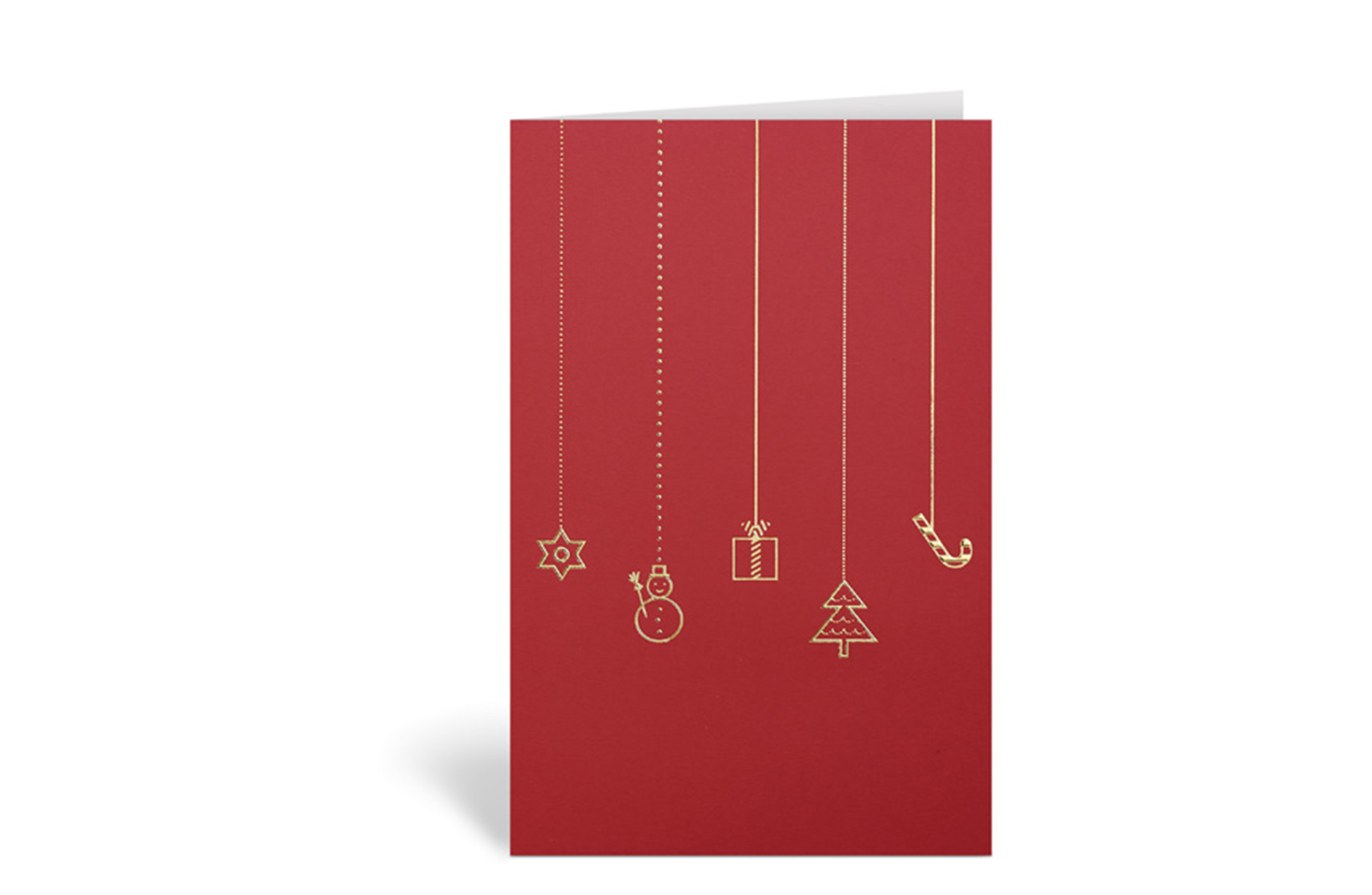 Rote Weihnachtskarte mit schlichten, goldenen Christbaumschmuckelementen, wie einem Lebkuchen, Schneemann, Geschenk, Tannenbaum und einer Zuckerstange