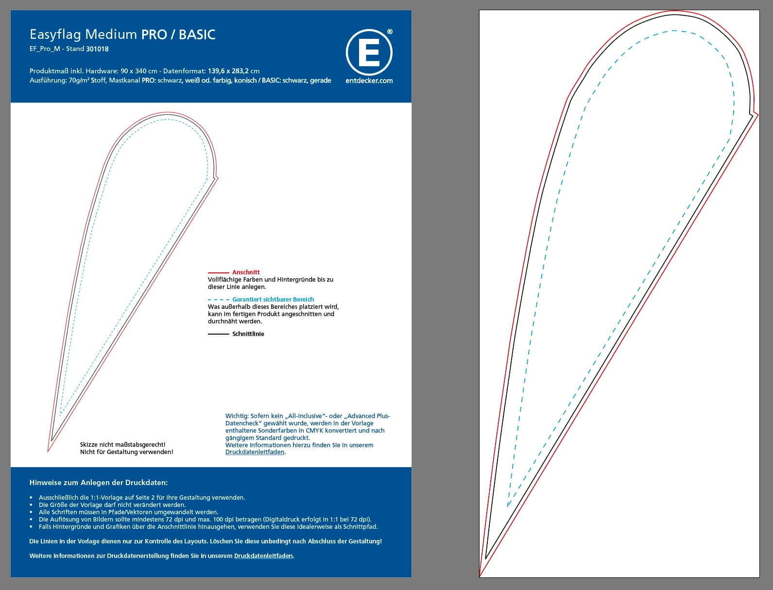 Template Easyflag Drop Medium Kunden Vektorgrafik vom Easyflag Template mit Erklärungsseite und tatsächlichem Template auf Seite 2
