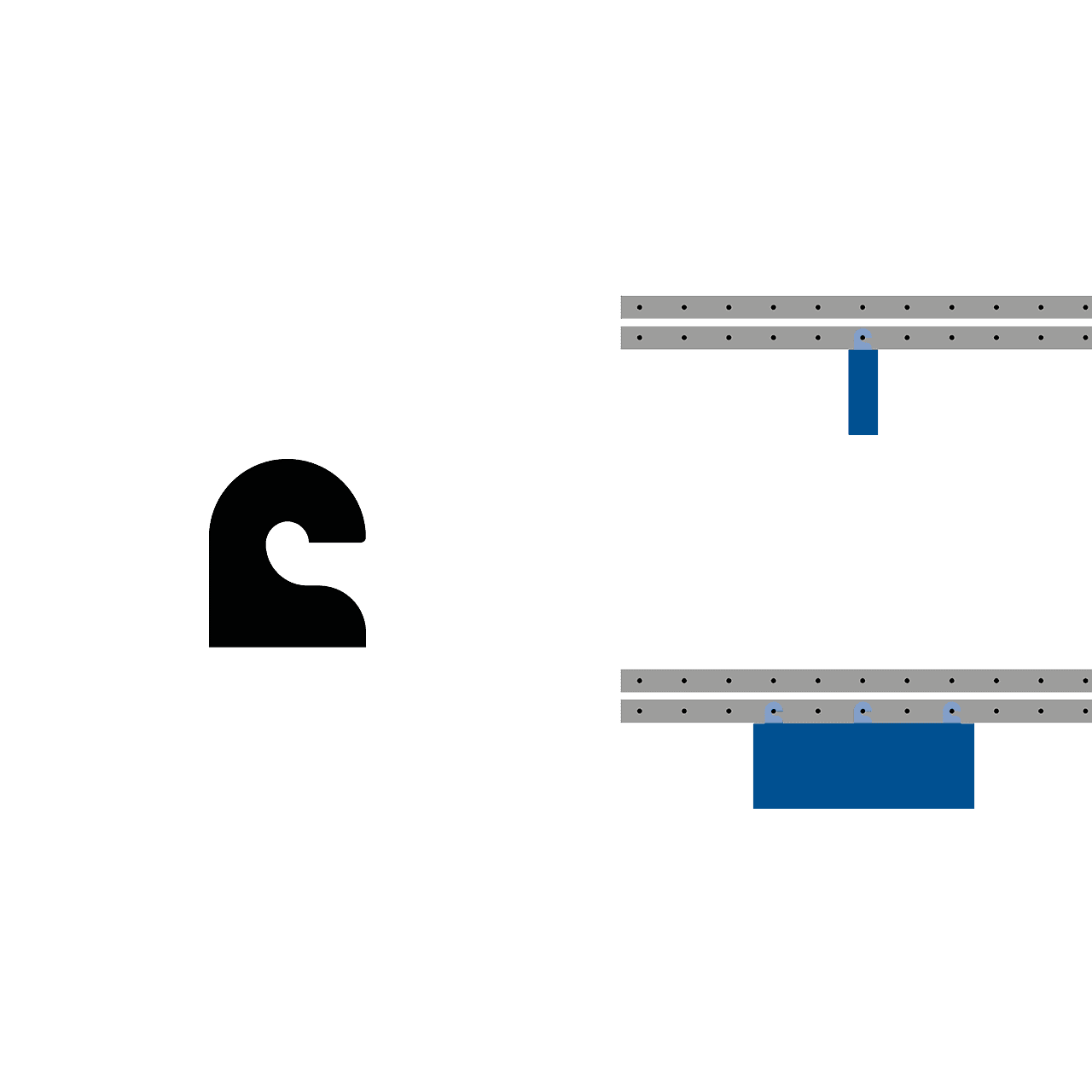 Horizontale Haken Diagramm der horizontalen Haken, die an einem Regal angebracht sind, mit blauen Markierungen zur Veranschaulichung der Position.