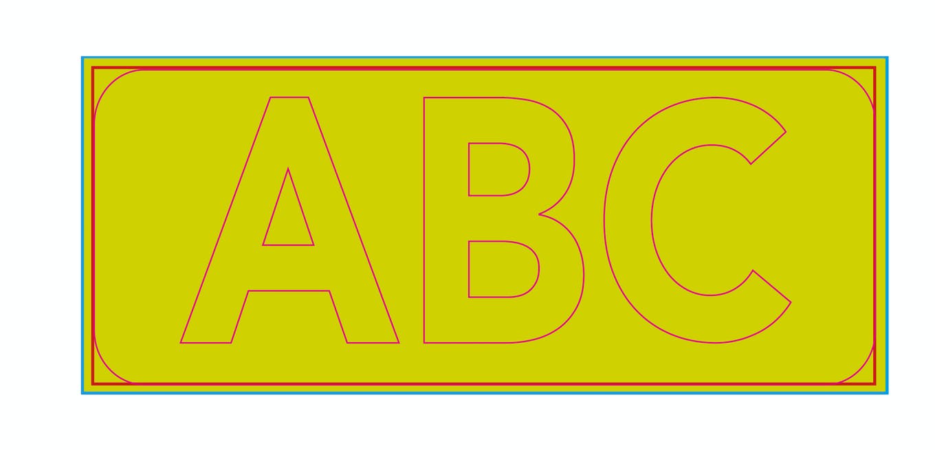 Formatieren von Farben bei Fräsbuchstaben Produkt 'Formatieren von Farben bei Fräsbuchstaben' zeigt die Buchstaben 'ABC' in gelber Farbe auf einem rechteckigen Hintergrund mit roten und blauen Konturen.