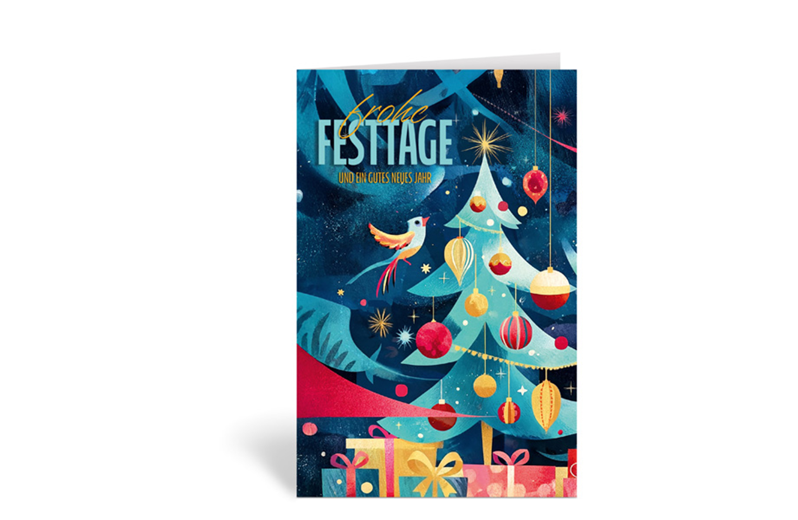 Bunte Weihnachtskarte mit einem geschmückten Weihnachtsbaum, einem Vogel und Geschenken, dazu der Text: Frohe Festtage und ein gutes neues Jahr