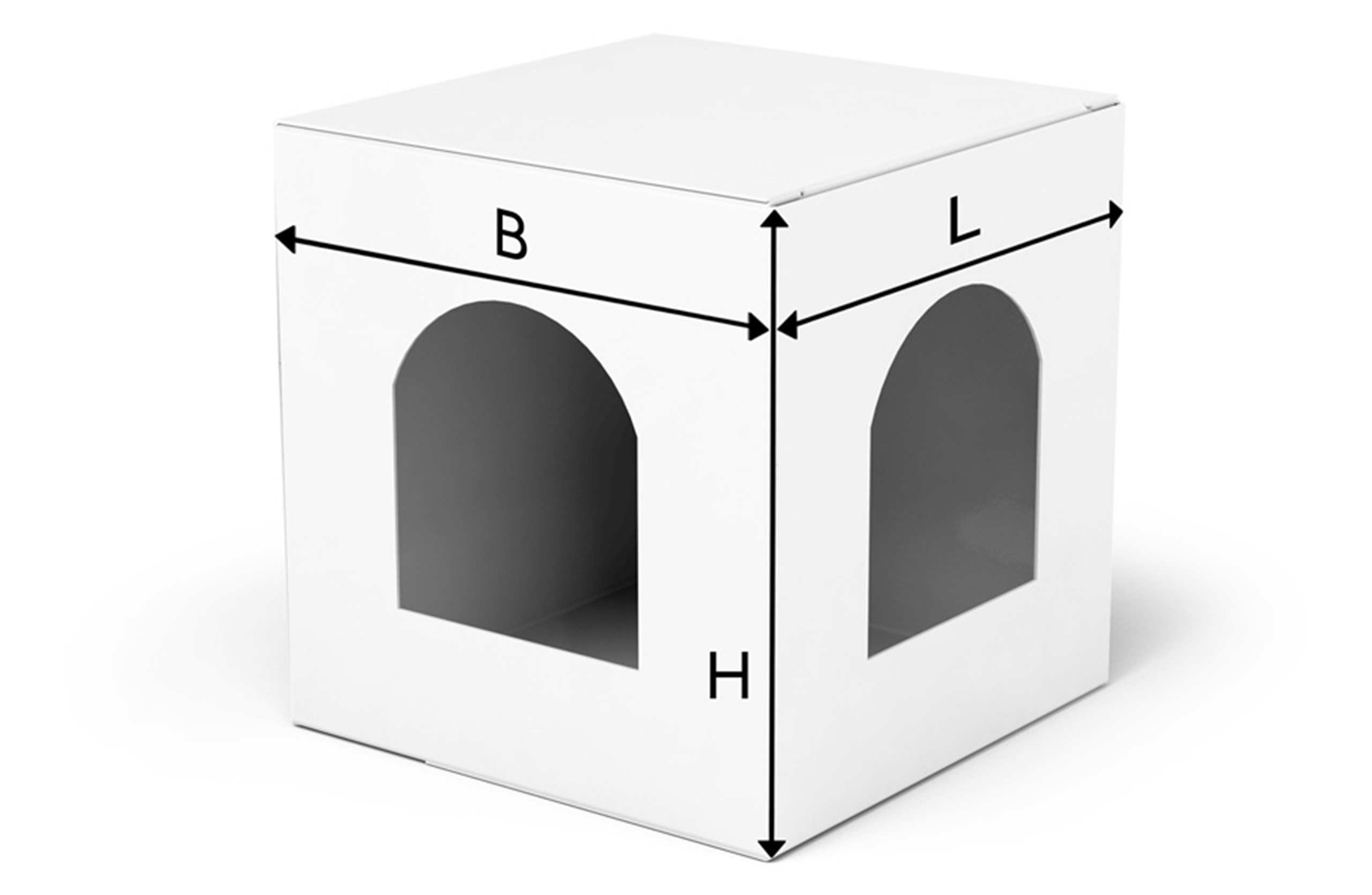 Unbedruckte weiße Weihnachtskugelbox mit zwei seitlichen Sichtfenstern und eingezeichneten Maßangaben für Breite (B), Länge (L) und Höhe (H).