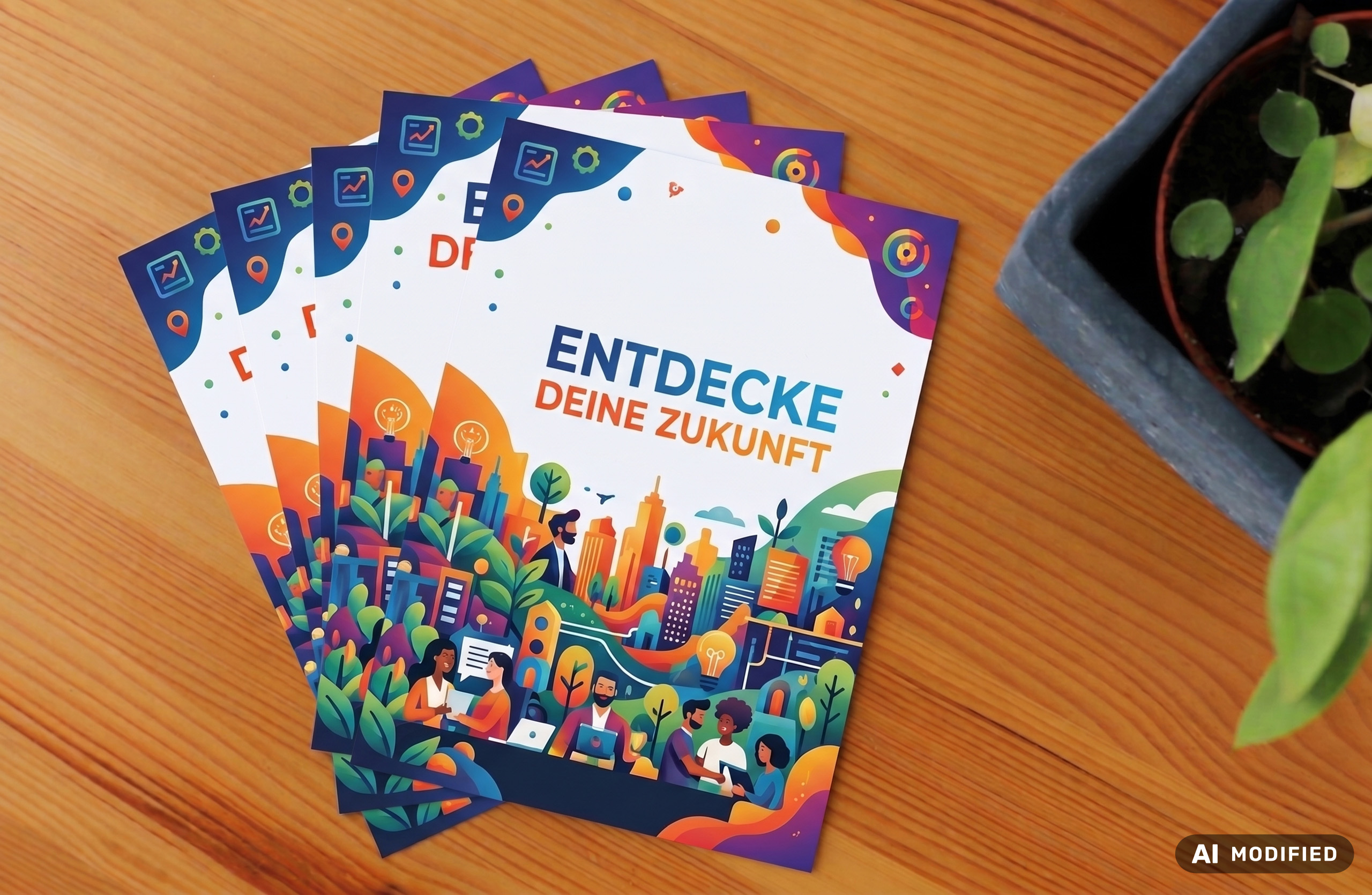 Mehrere farbenfrohe Flyer mit der Aufschrift „ENTDECKE DEINE ZUKUNFT“ liegen auf einem Holztisch.