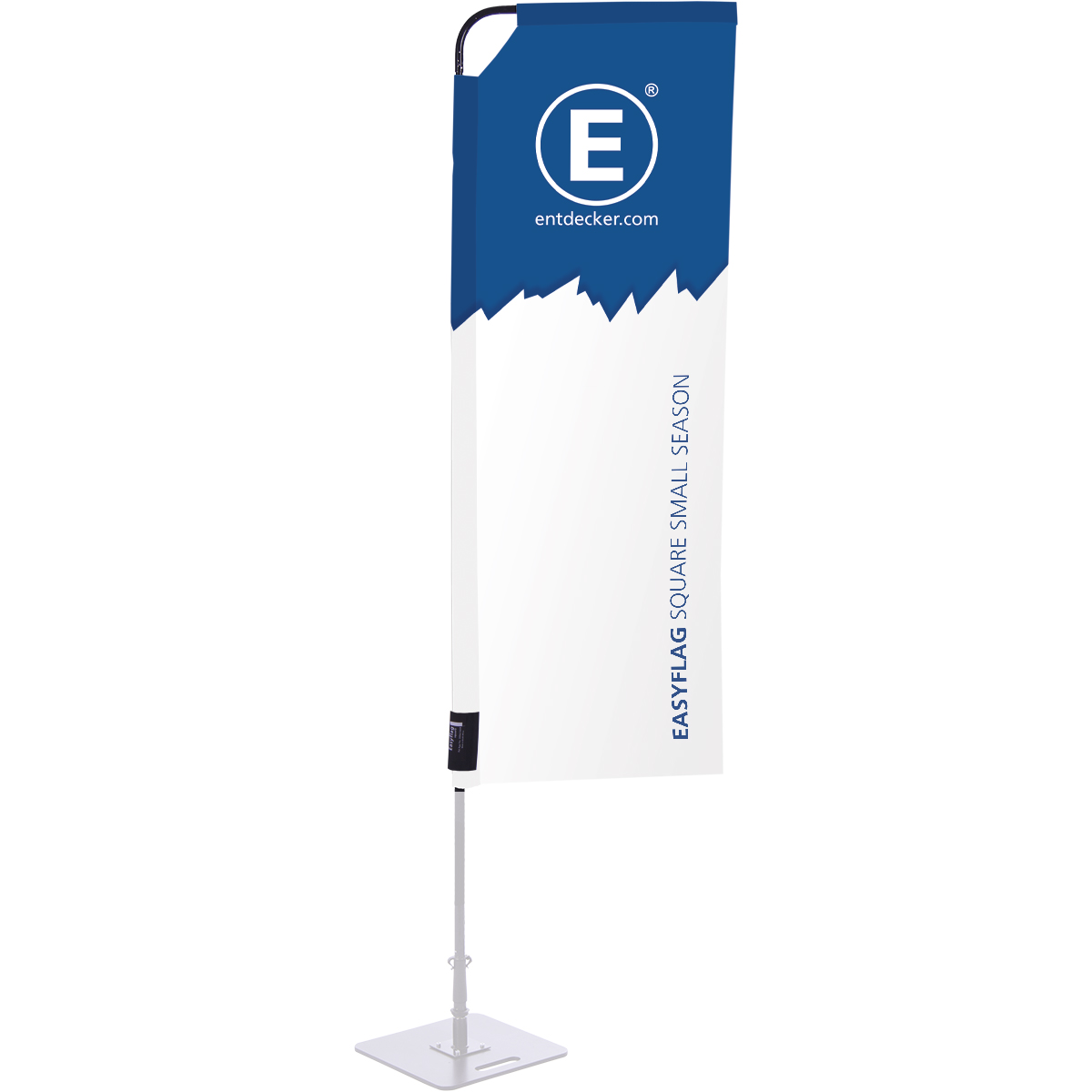 Beachflag Easyflag Square Season mit blauem oberen Teil und weißem unteren Teil, beschriftet mit EASYFLAG SQUARE MEDIUM SAISON und dem Logo von ENTDECKER.