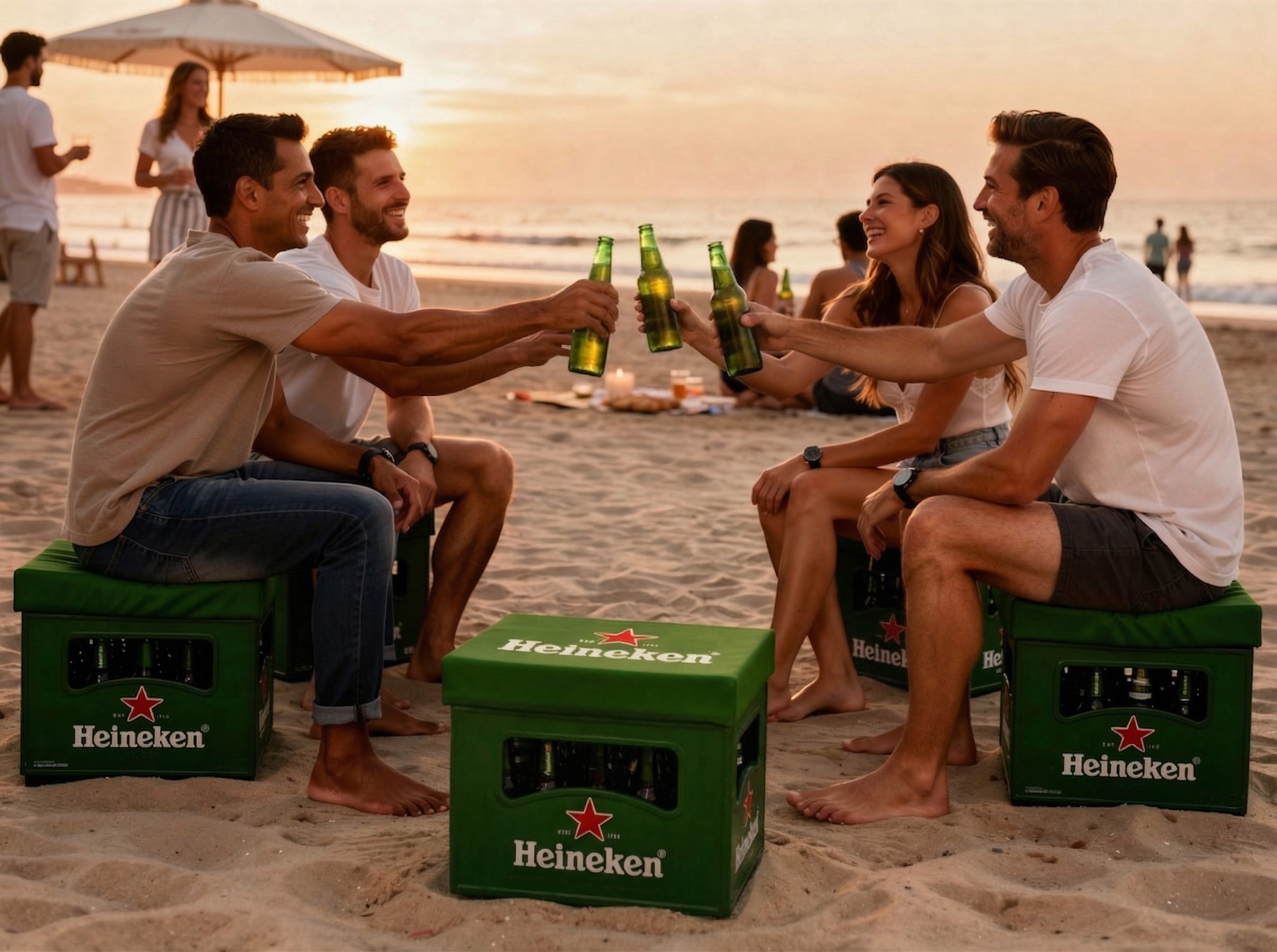 Bierkastensitz Heineken auf einer Strandparty mit Menschen die sich zuprosten