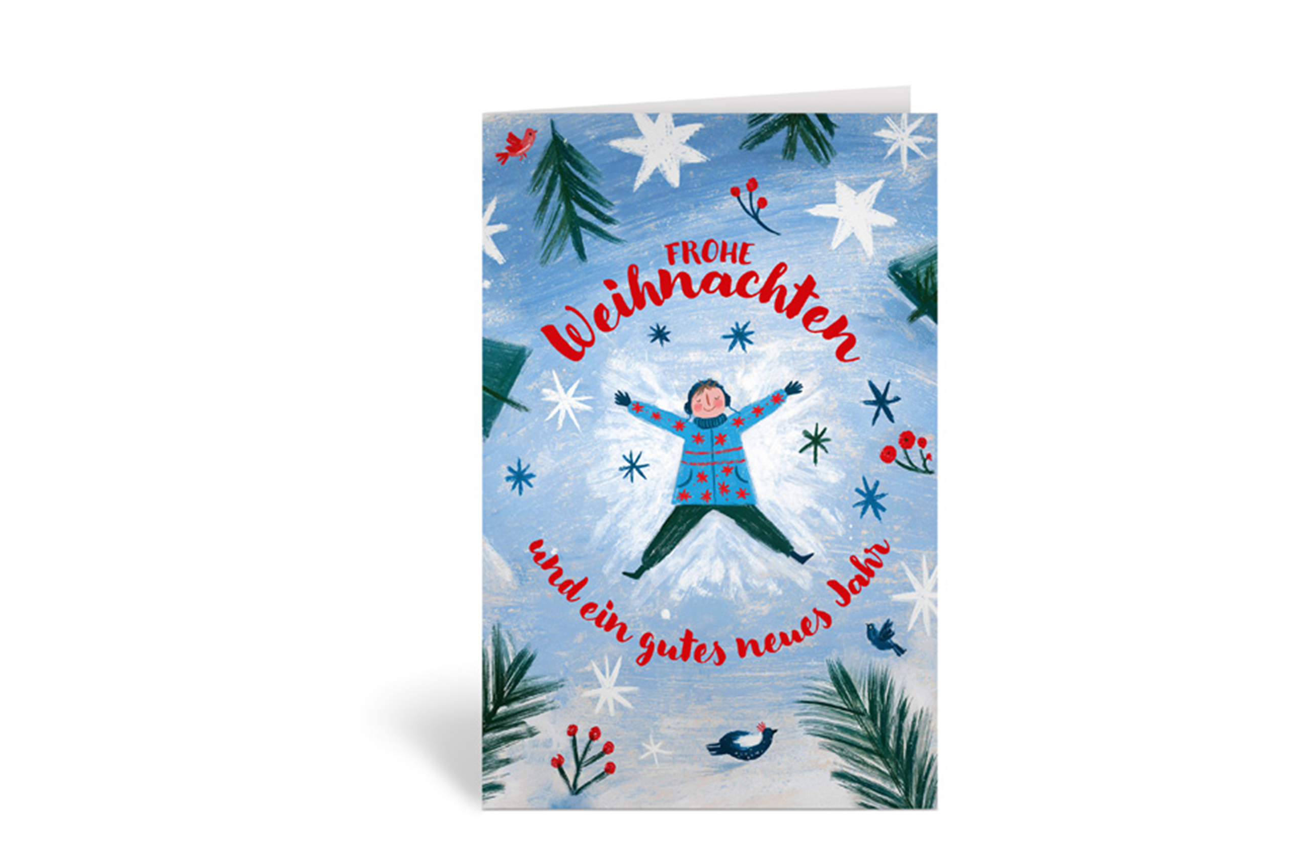 Weihnachtskarte mit einem gemalten Motiv: Mensch, der einen Schneeengel macht und dem Text: Frohe Weihnachten und ein gutes neues Jahr