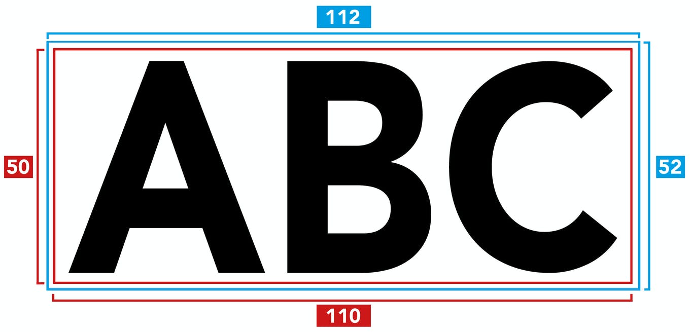 Formatieren von Beschnitt bei Fräsbuchstaben Technische Zeichnung mit den Maßen für das Formatieren von Beschnitt bei Fräsbuchstaben, zeigt die Buchstaben 'ABC' in großer Schrift.