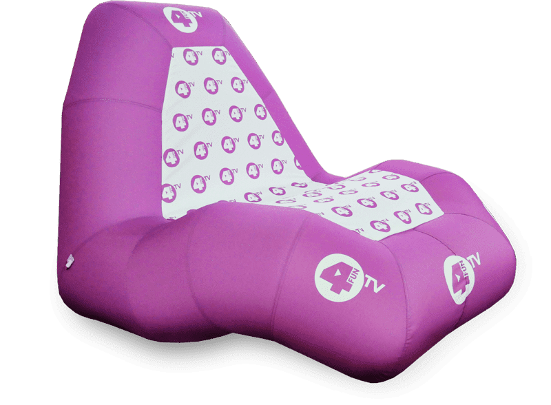 Vento Stuhl Fotel 4 Fun Tv Vento Stuhl Fotel 4 Fun TV, ein pinkfarbener, gepolsterter Sitzsack mit weißen Logos.
