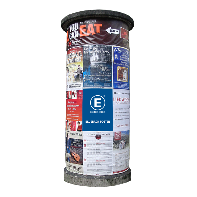 Poster für Litfasssäule Litfasssäule mit verschiedenen Plakaten, darunter Werbung für Veranstaltungen und Angebote, sichtbar ist das Logo von ENTDECKER.