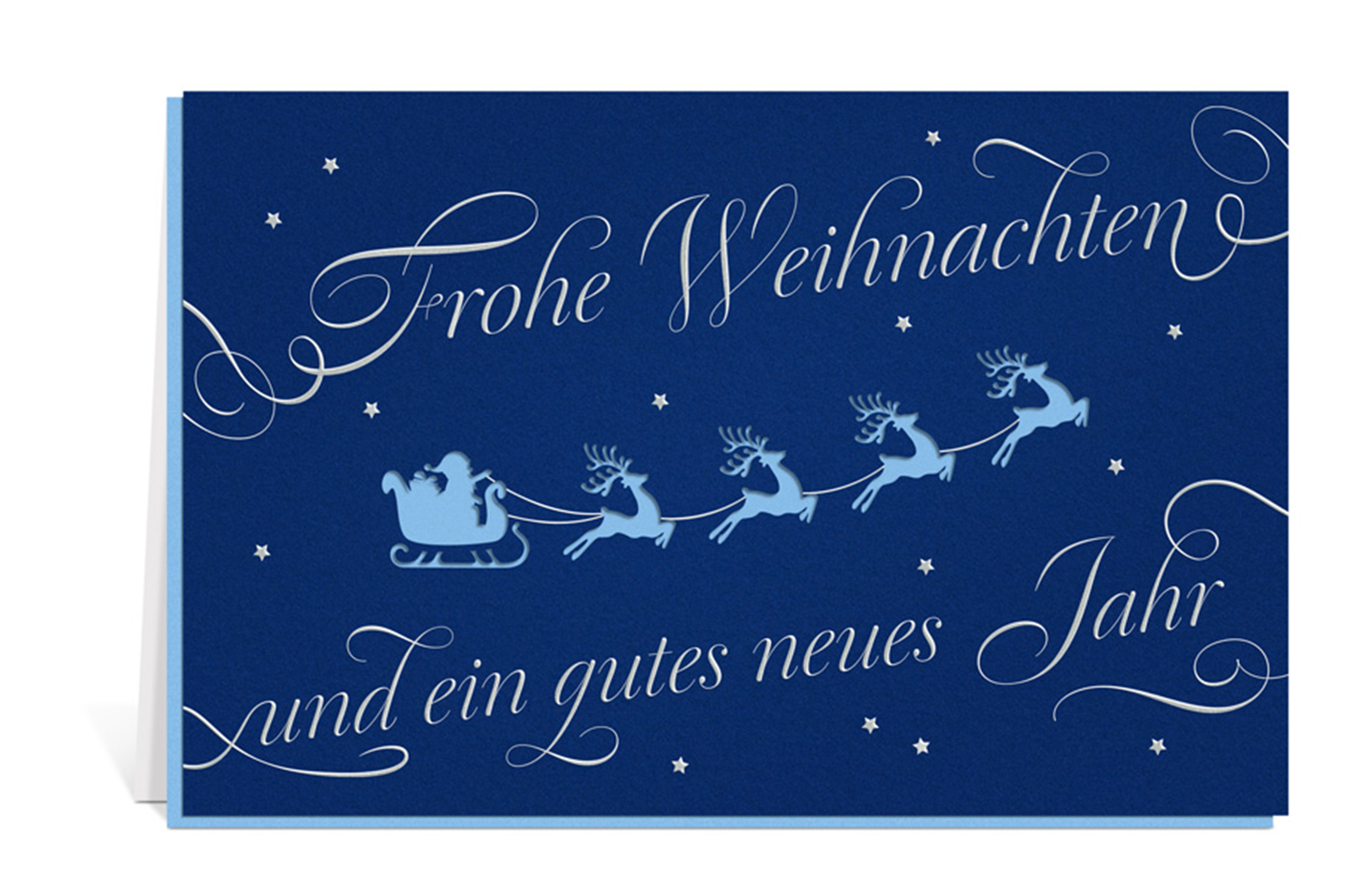 Blaue Weihnachtskarte mit einem ausgestanzten Weihnachtsschlitten, dazu der Text: Frohe Weihnachten und ein gutes neues Jahr