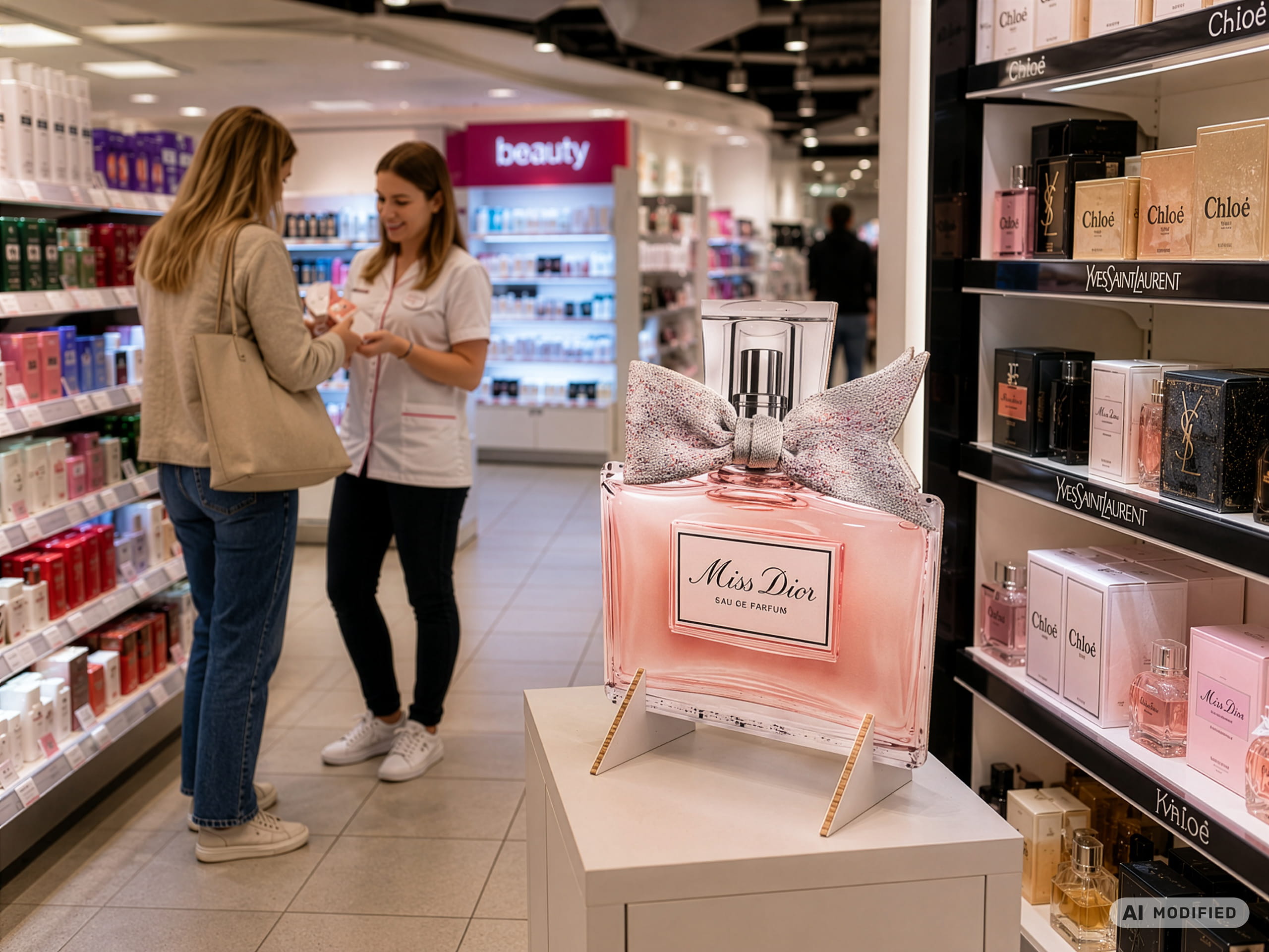 Drogerie in der ein Wabenkarton-Aufsteller einer Parfumflasche steht