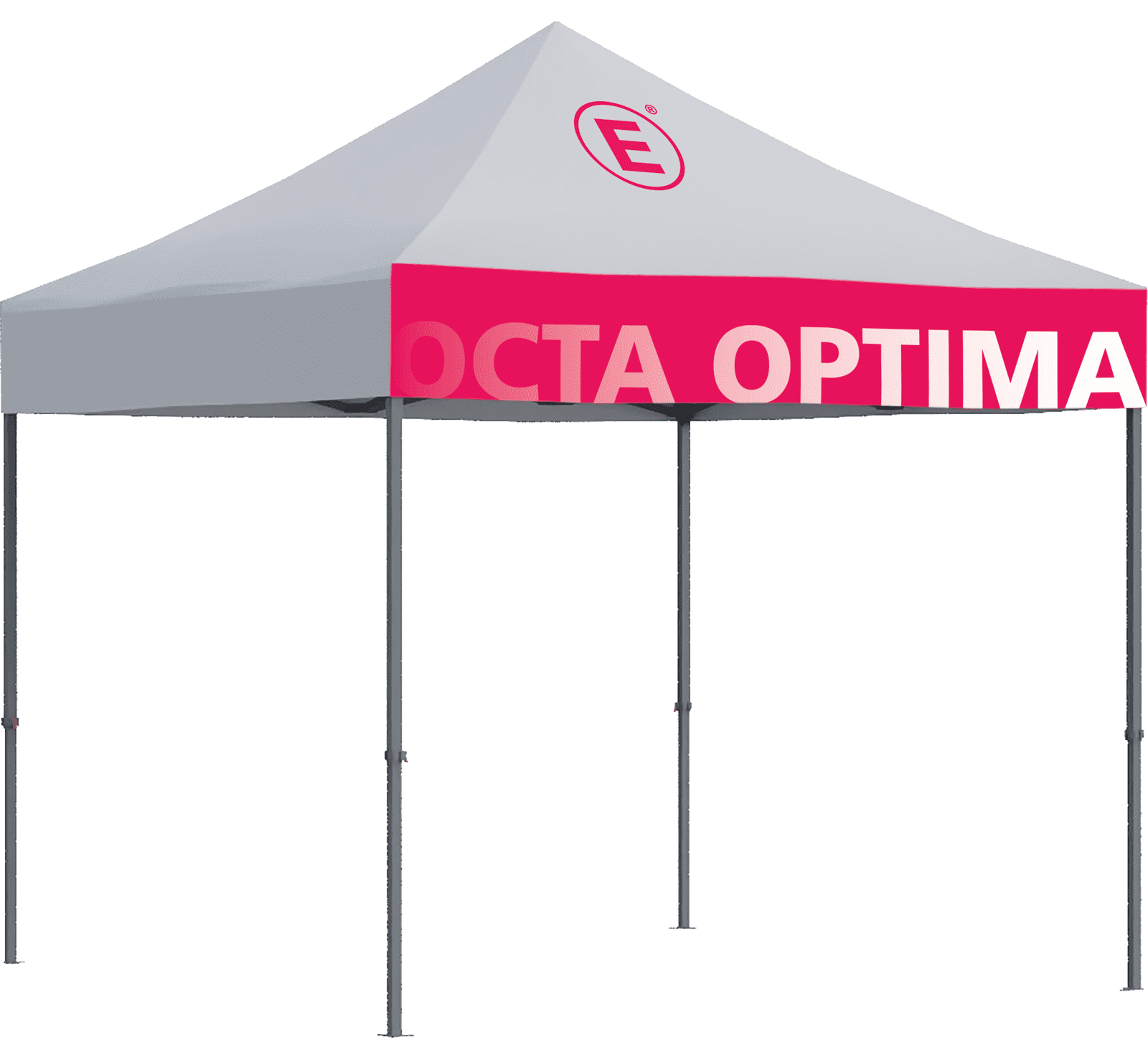 Faltzelt 3x3m Weiß Octa Optima Faltzelt 3x3m Octa Optima mit vollem Druck in Rosa und Weiß, markiert mit dem Logo von ENTDECKER.
