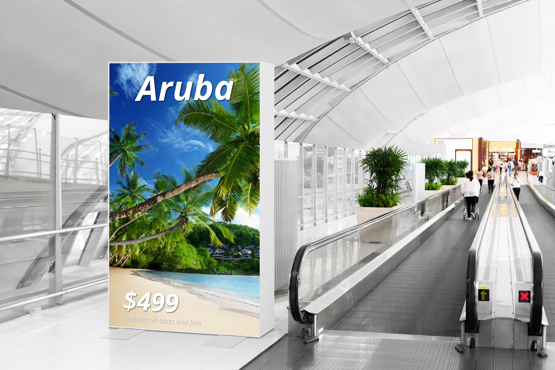 Lightbox mit Werbung für eine Karibikreise in einem Flughafen