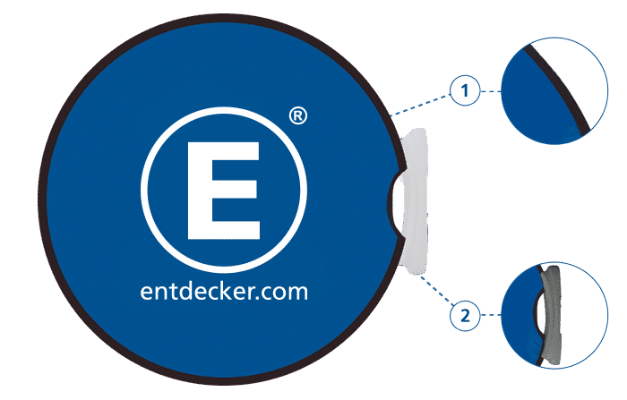 Werbebande Easy Disc Flex Detailansicht Detailansicht des Werbedisplays Easydisc Flex von ENTDECKER, zeigt Logo und Kantenstruktur.