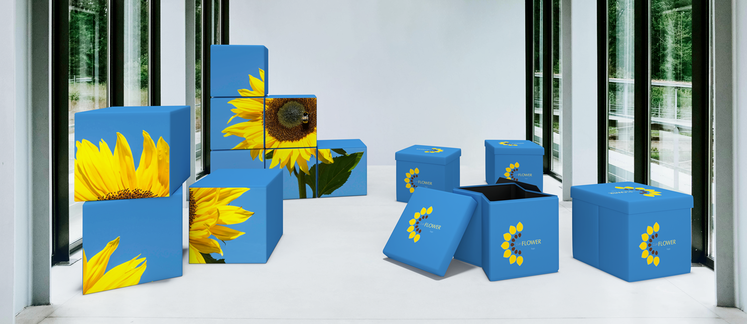 Stapelbare und faltbare bedruckte Sitzwürfeln mit Sonnenblumenmotiv