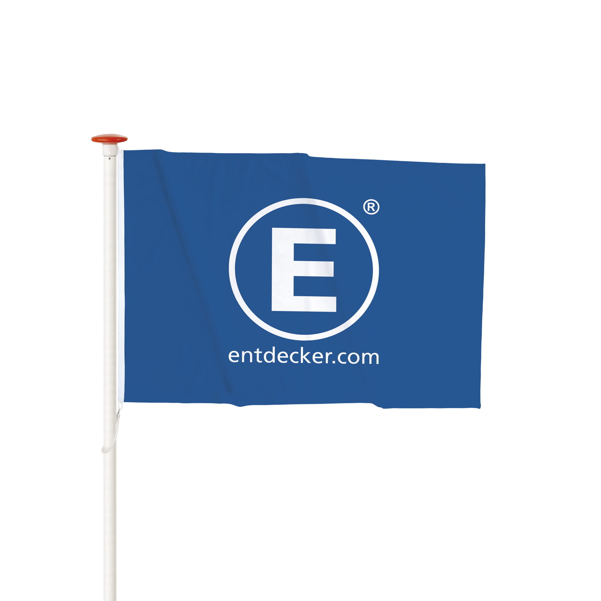 Fahne im Wunschformat querformatig bedruckt Querformatige Fahne in Blau mit weißem Logo E und der Website entdecker.com