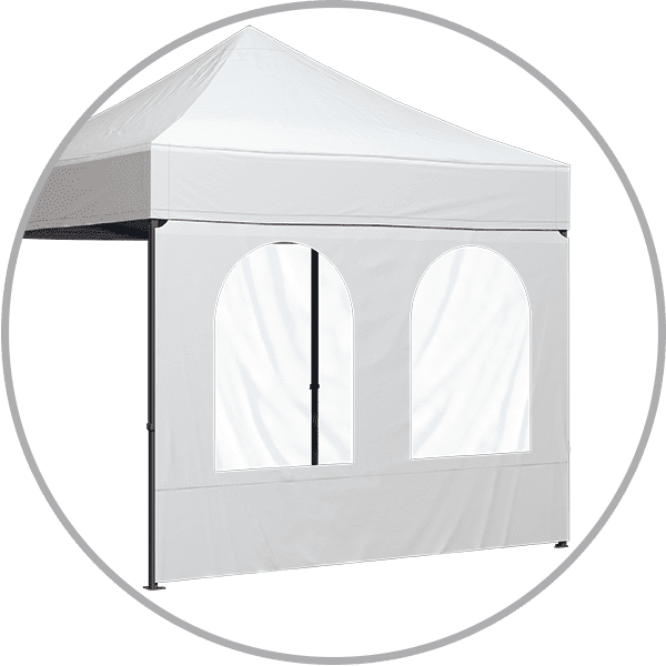 Faltzelt Wand 2 Fenster Faltzelt Wand mit zwei Fenstern, weiß, für den Einsatz bei Veranstaltungen oder Märkten.