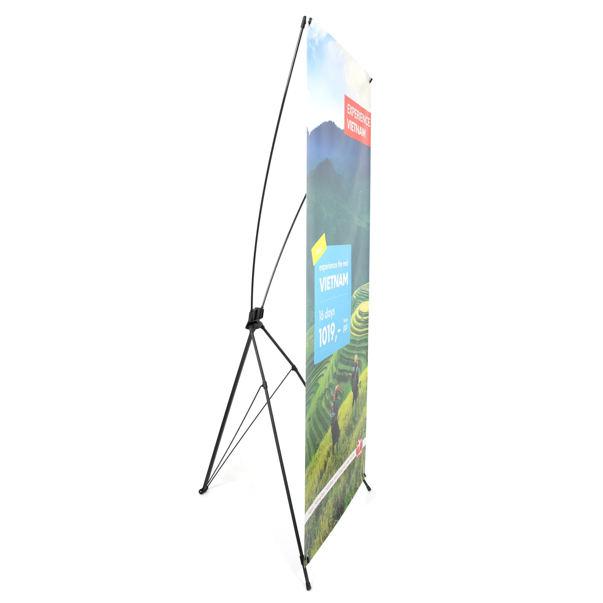 x Banner bedruckt Reise X Banner mit dem Text Experience Vietnam, zeigt Reisfelder und zwei Wanderer in der Landschaft.
