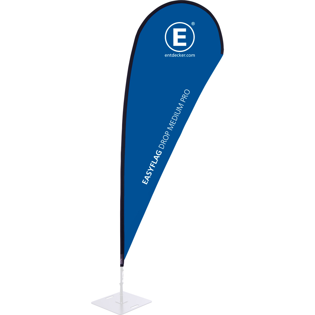 Beachflag in Tropfenform von ENTDECKER, einseitig bedruckt, blaue Farbe, mittlere Größe.