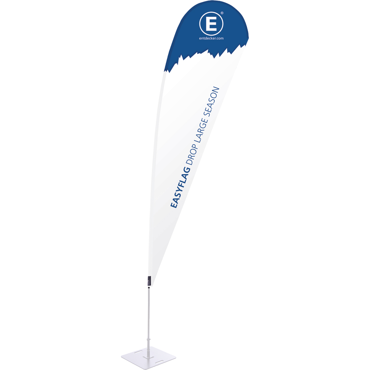 Beachflag Easyflag Drop Medium Season in blau-weißer Farbgestaltung mit dem Text EASYFLAG DROP MEDIUM SEASON