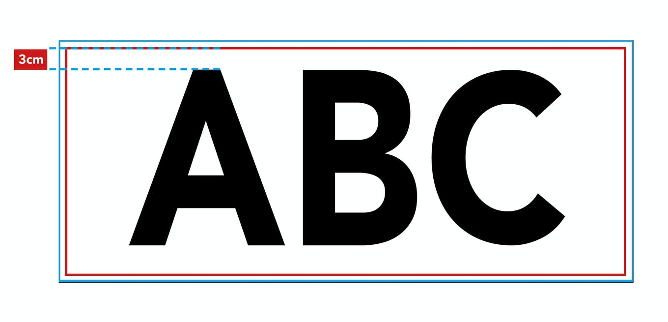 Formatieren von Abstand zum Rand bei Fräsbuchstaben Illustration zur Formatierung des Abstands zum Rand bei Fräsbuchstaben, zeigt den Text 'ABC' mit einem Abstand von 3 cm.