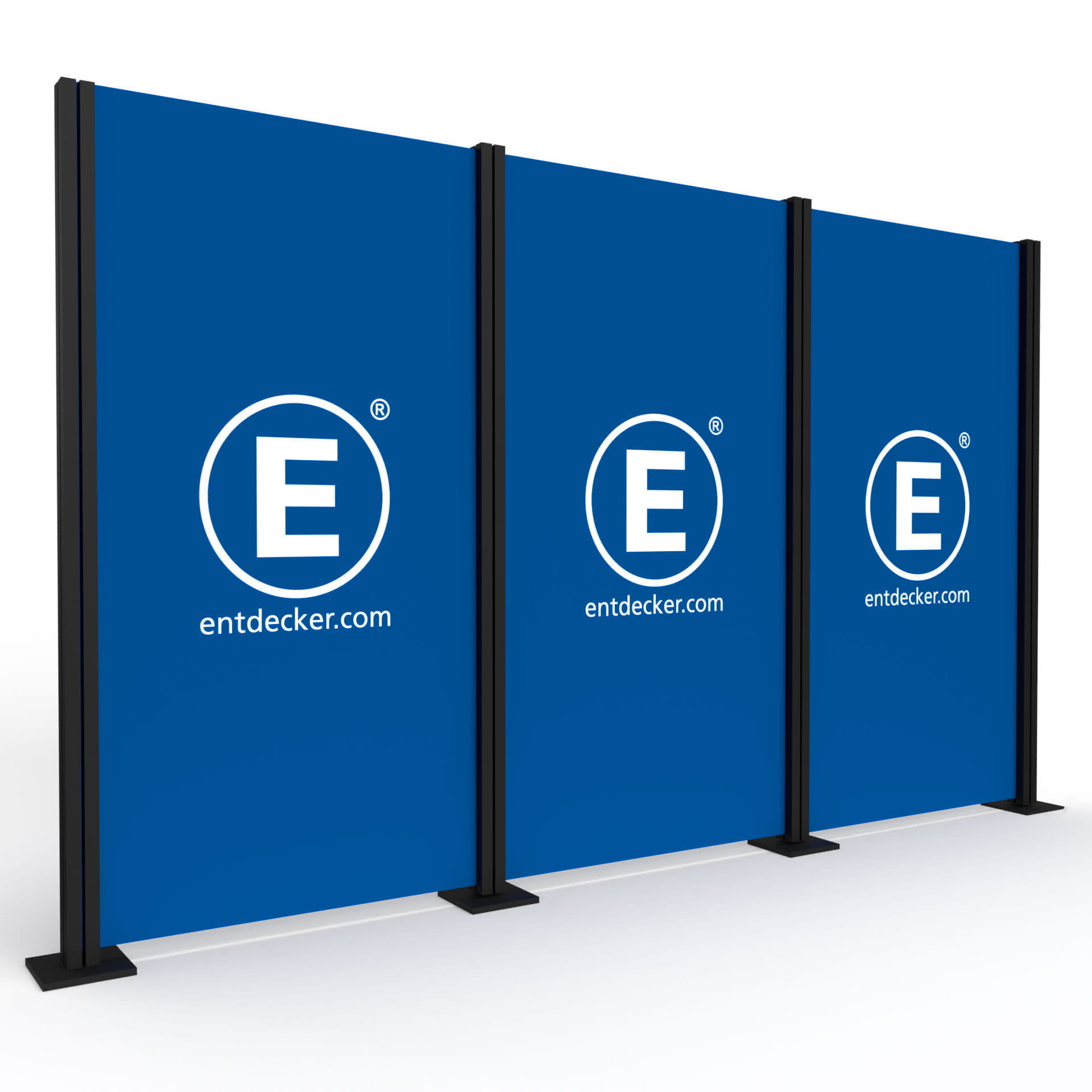 Inhaker Messewand bedruckt Drei zusammenstehende Messewände in Blau mit dem Logo von ENTDECKER in Weiß.