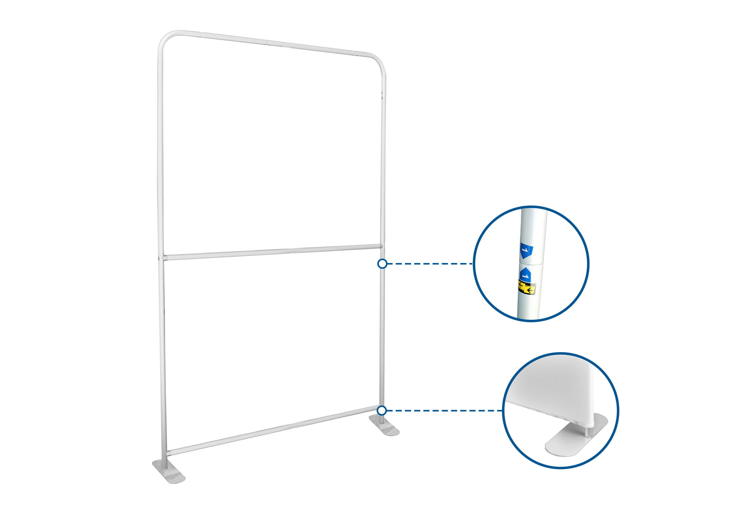 Zipper Wall Messewand Rahmen Zipper Wall Messewand Rahmen von ENTDECKER, aus weißem Metall mit stabilen Füßen und einem horizontalen Querbalken.