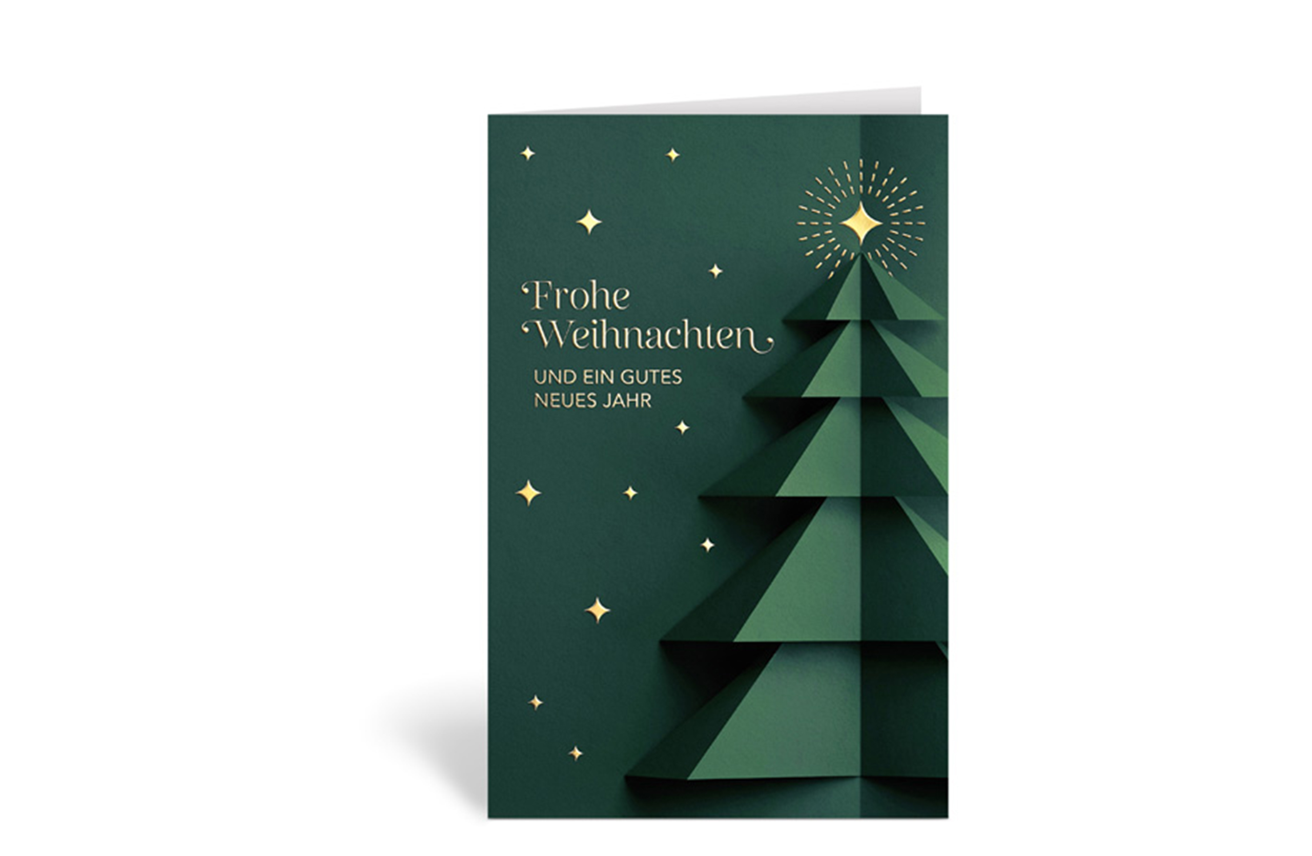 Weihnachtskarte mit schlichtem Weihnachtsbaum und dem Text: Frohe Weihnachten und ein gutes neues Jahr