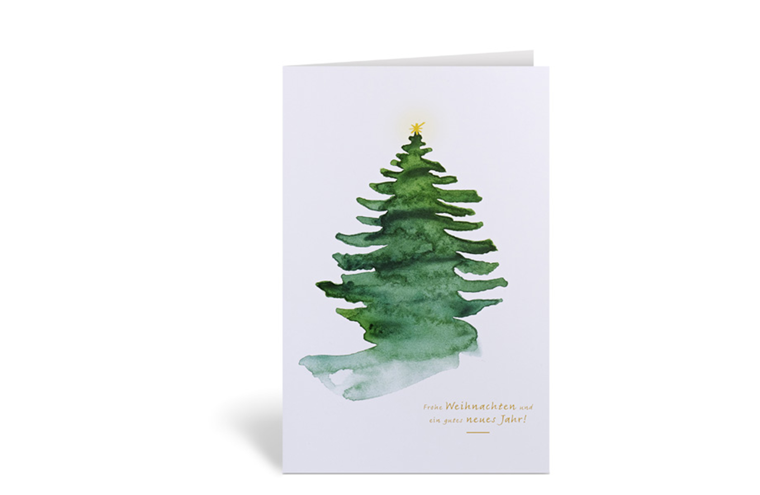 Weihnachtskarte mit einem Weihnachtsbaum aus Wasserfarbe und dem Text: Frohe Weihnachten und ein gutes neues Jahr