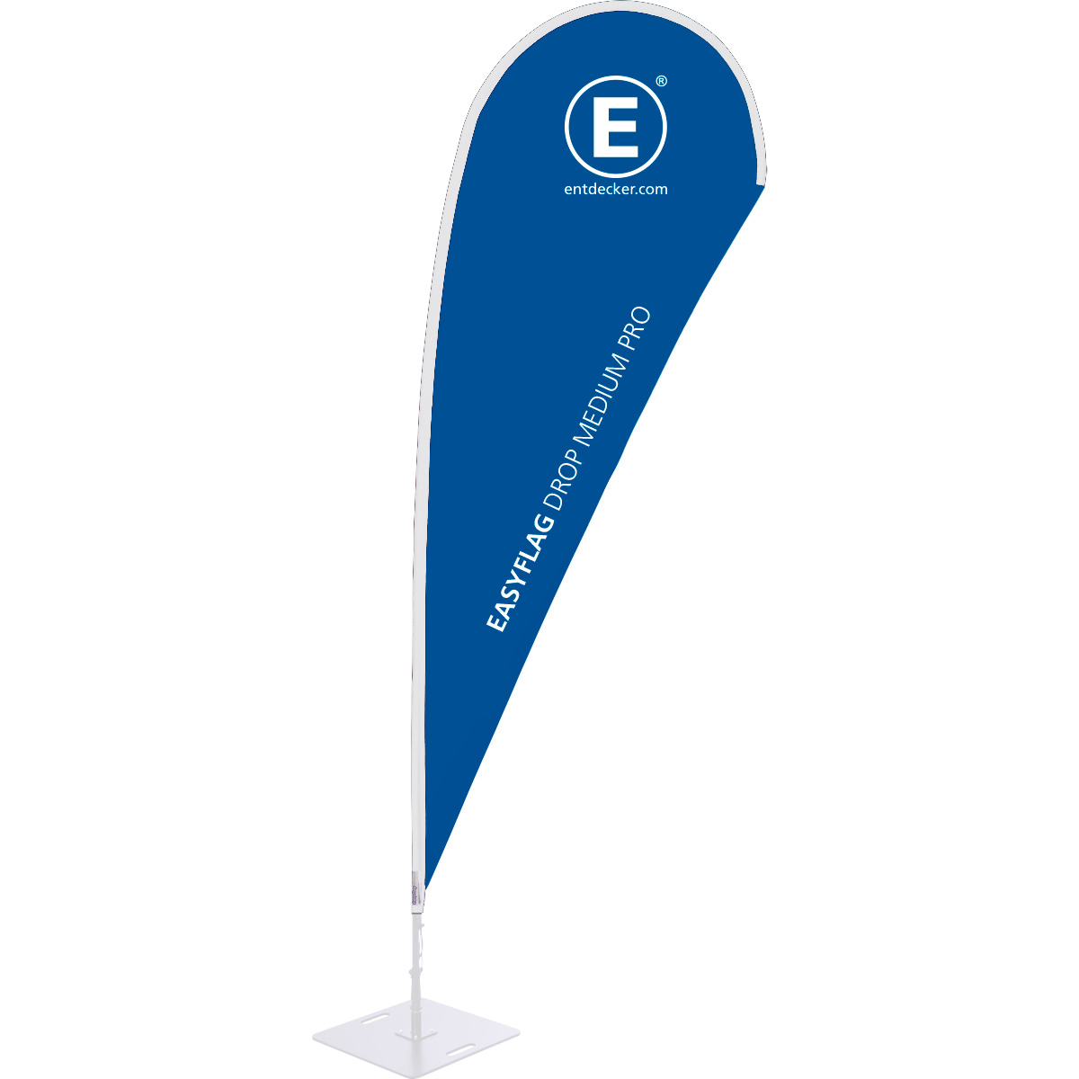 Beachflag in Tropfenform von ENTDECKER, einseitig bedruckt, blaue Farbe, mittlere Größe.