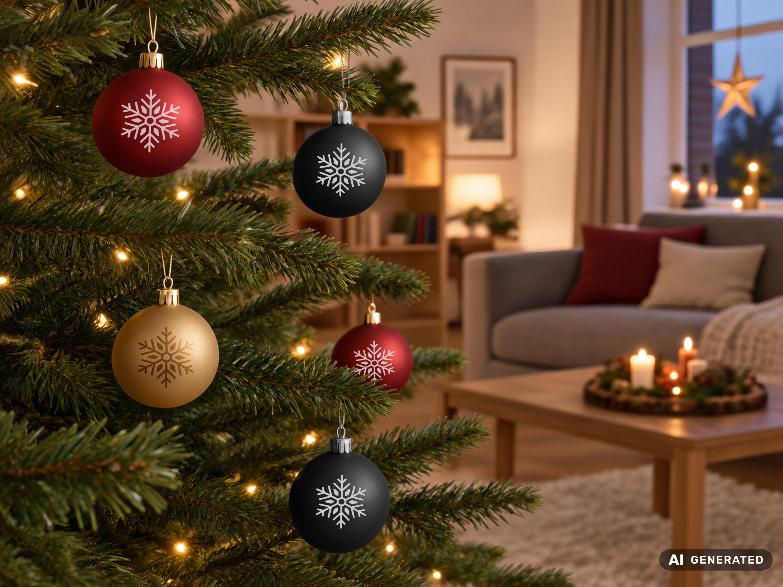 Geschmückter Weihnachtsbaum mit roten, goldenen und schwarzen Weihnachtskugeln mit Schneeflockenmotiv und warmen Lichterketten in einem gemütlichen Wohnzimmer.