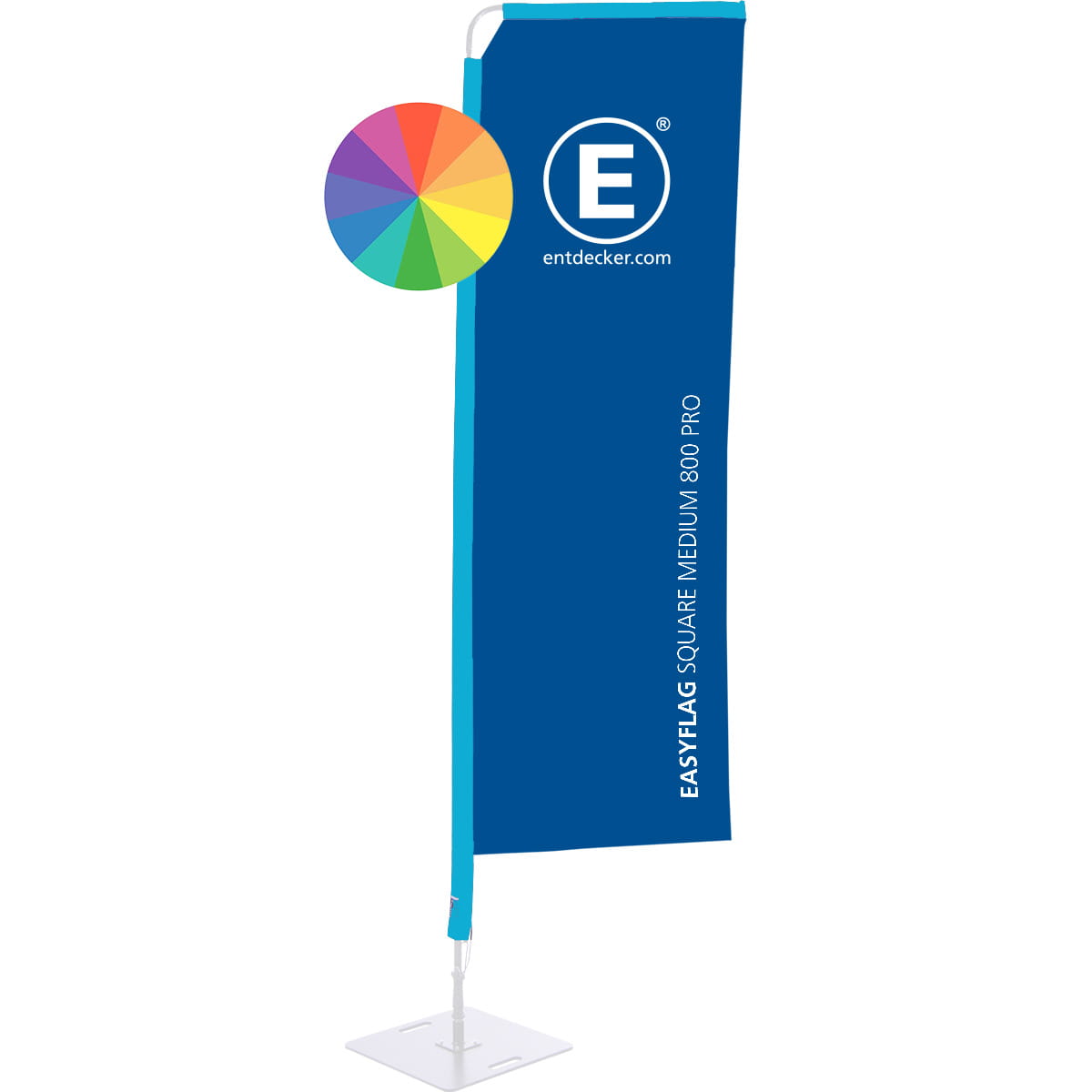 Rechteckige Beachflag von ENTDECKER in Blau mit dem Text EASYFLAG SQUARE MEDIUM 800 und Logo.