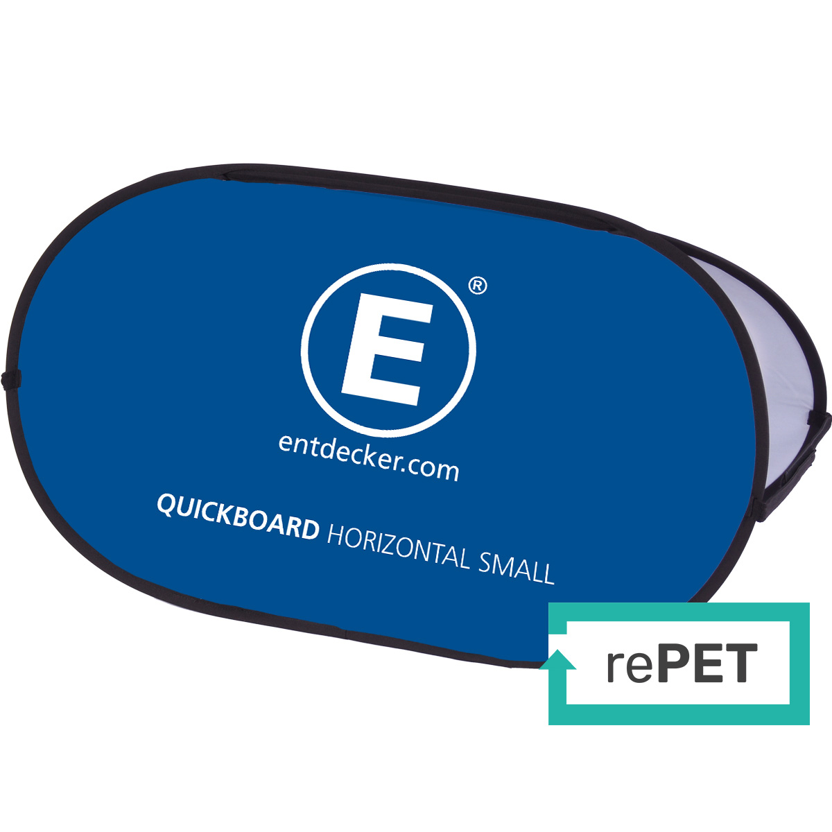 Werbebande Quickboard Horizontal Small in Blau mit weißem Logo und Text.